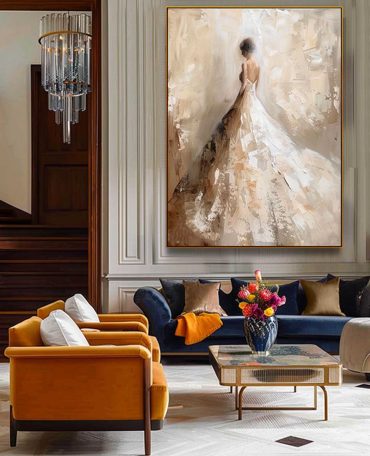 Vintage Abstract Female Painting Large Beige And White Texture Painting Vintage Minimalist Female Art On Canvas