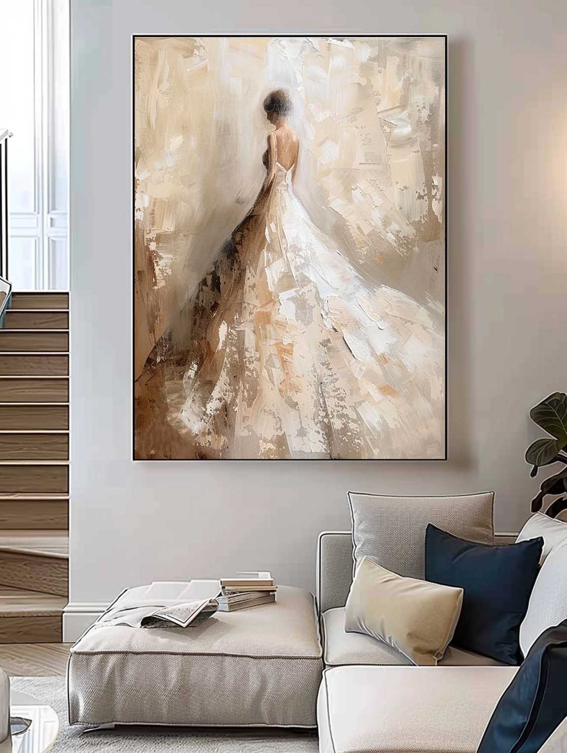 Vintage Abstract Female Painting Large Beige And White Texture Painting Vintage Minimalist Female Art On Canvas