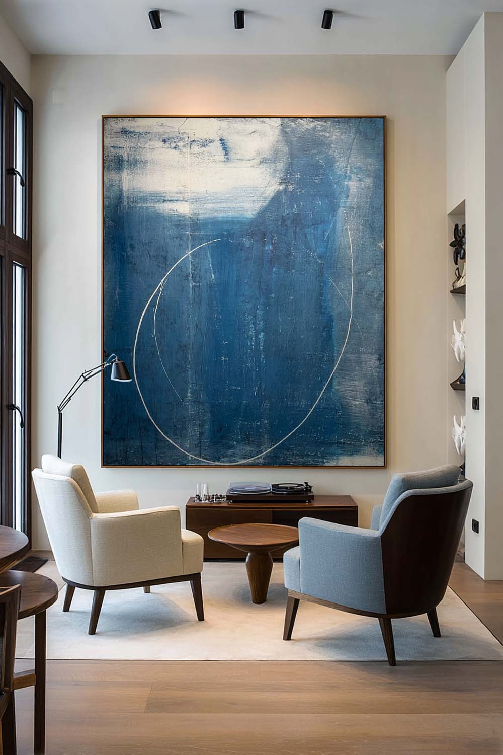 Navy Blue One Line Abstract Painting Minimalist Navy Blue Frame Wall Art Handmade Blue Abstract Line Canvas Art