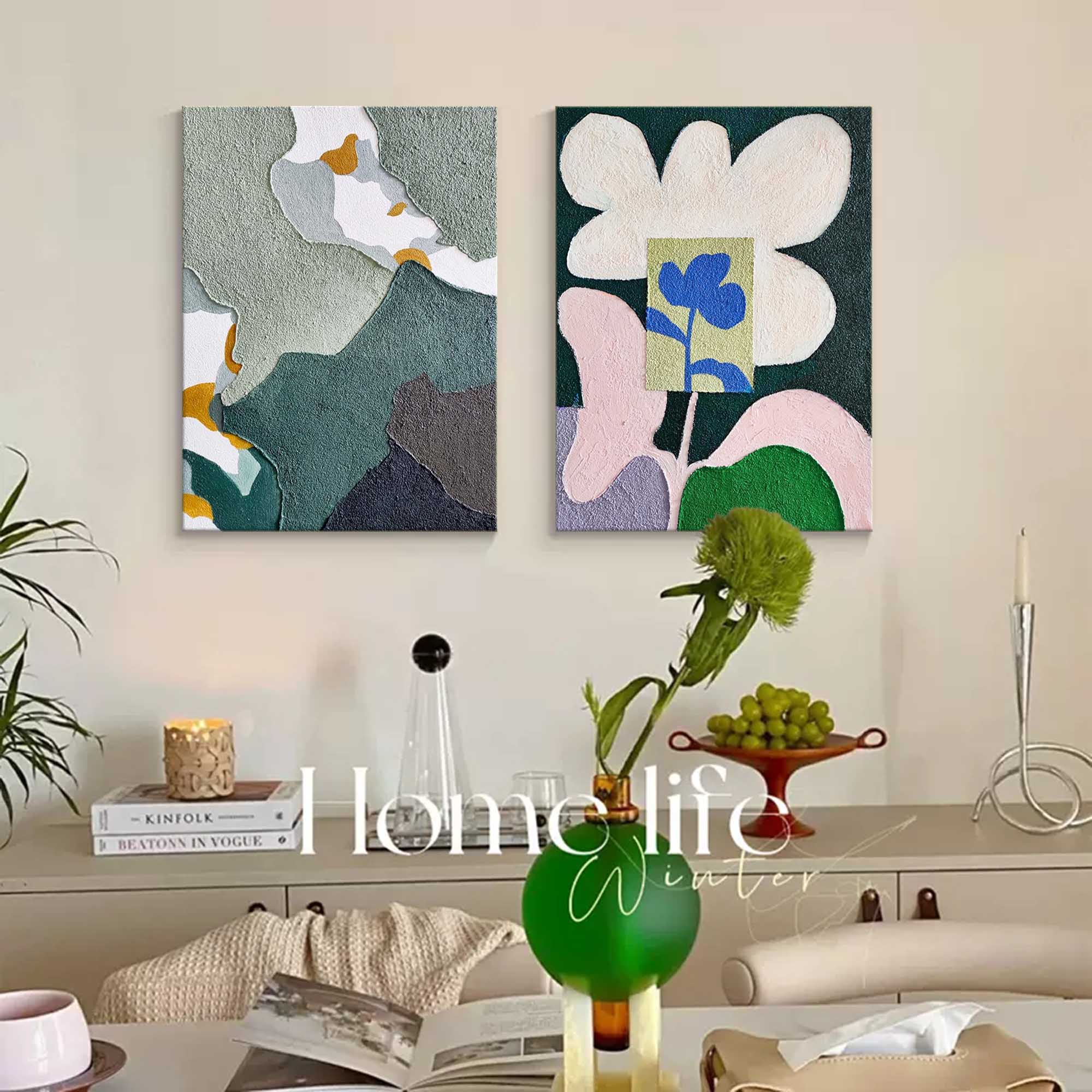 Diptych boho minimalist art Framed 2 Pieces Texture Minimalist Flower Wall Art Framed