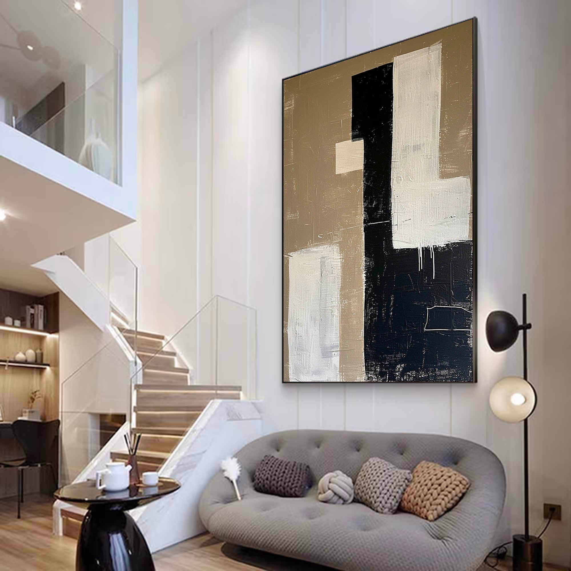 Large Beige Canvas Painting Neutral Beige Minimalist Wall Art Black Beige Texture Wall Art