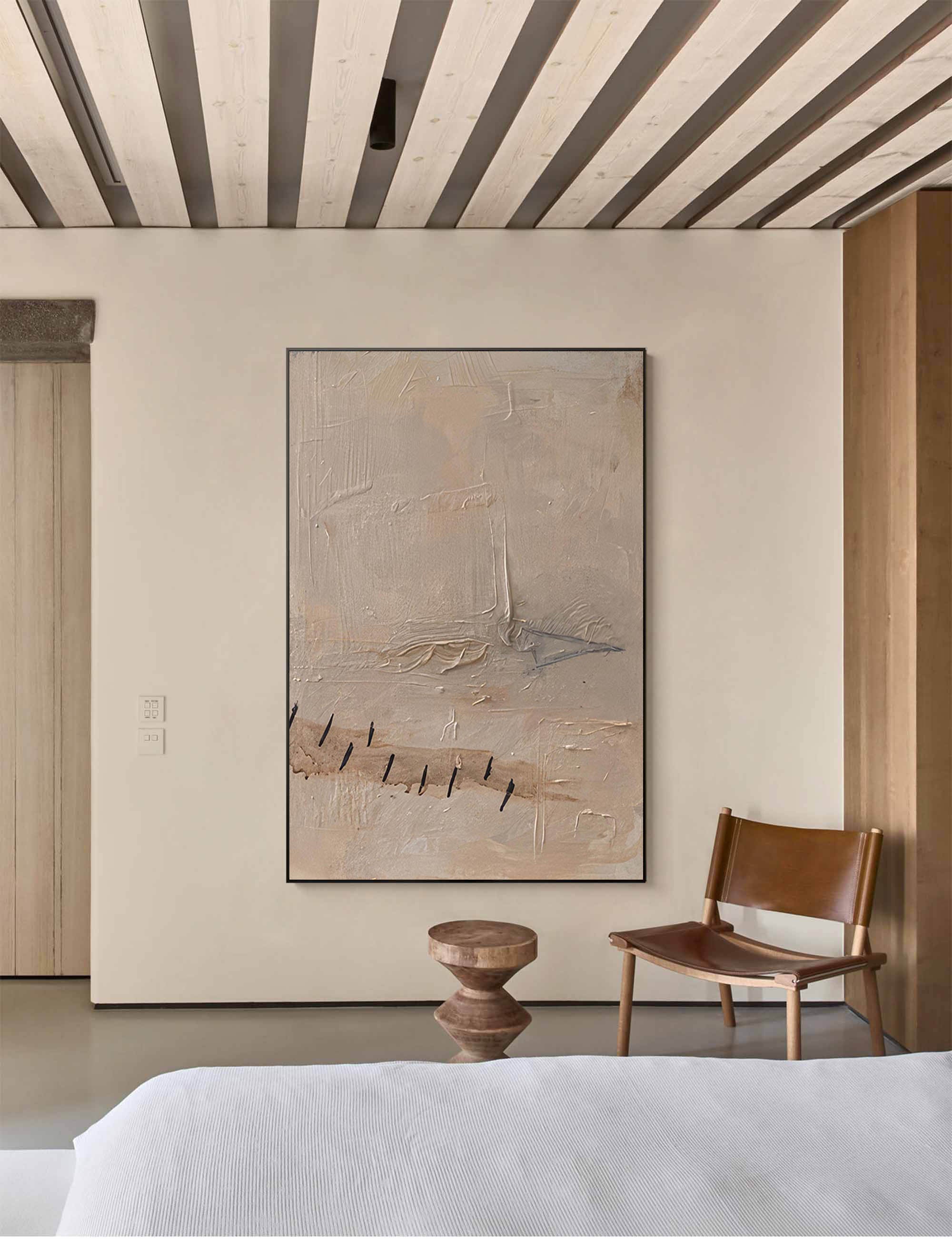 Neutral Texture Abstract Minimalist Wall Art Framed Large Brown Abstract Canvas Painting For Livingroom