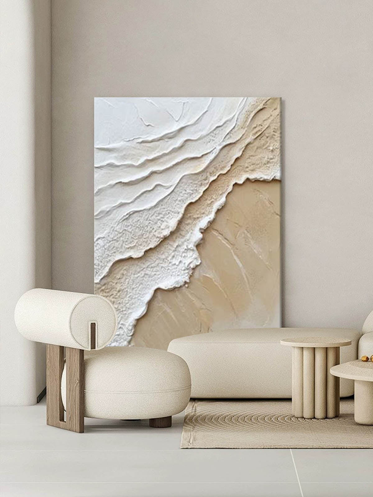 Beach Minimalist 3d Ocean Wall Art Beige & White Ocean Waves Abstract Wall Art Beige Abstract Painting