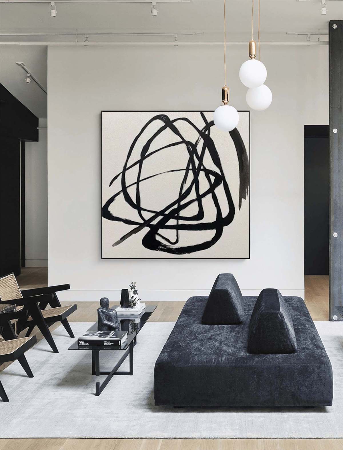 Black Line Minimalist Wall Art Black Abstract Line Painting Beige and Black Abstract Line Painting