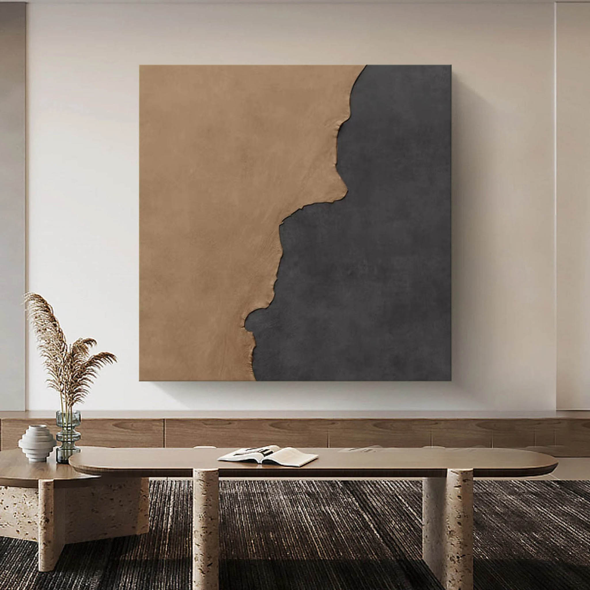 Original Black Brown Minimalist Wall Art Black Brown Abstract Wall Art Large Beige Textured Wall Art