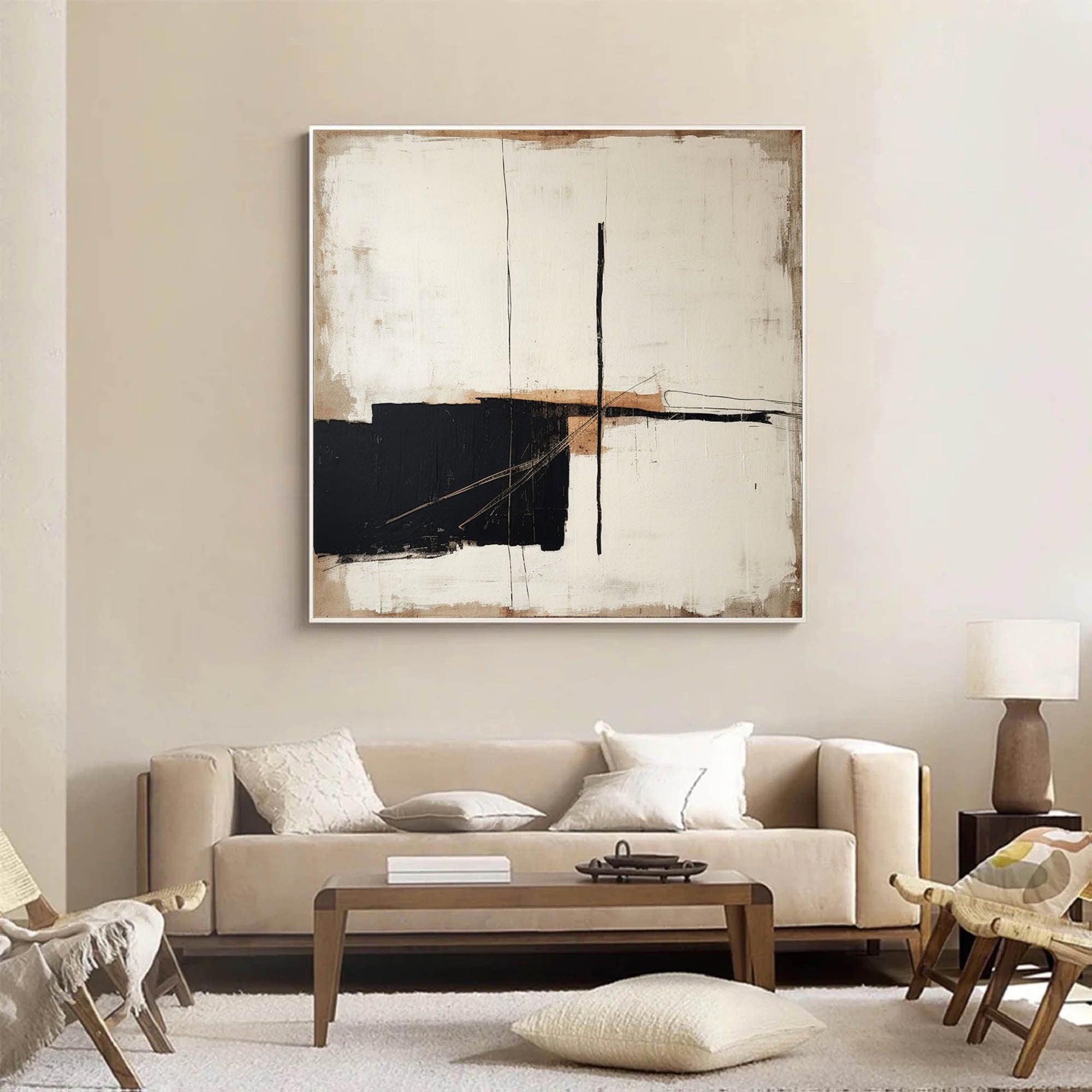 Minimalist Square Wall Art Black And Brown Abstract Wall Art Original Beige And Black Abstract Painting