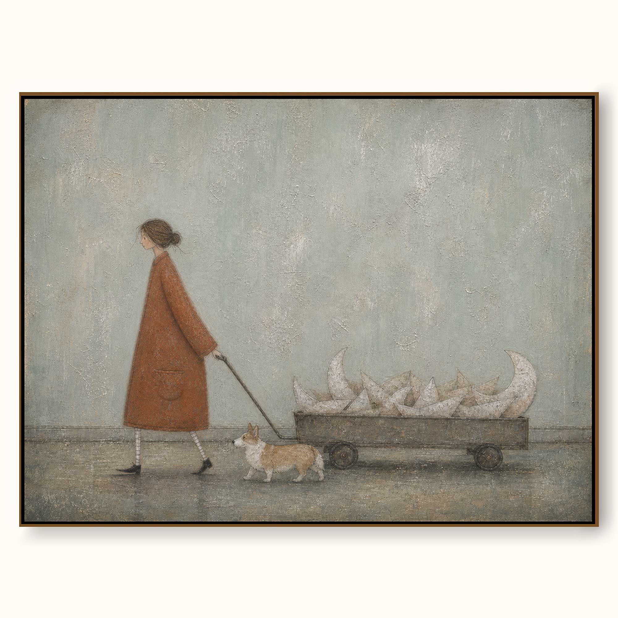 Original Hand Painted Corgi Paper Boat Painting Whimsical Storybook Wall Art
