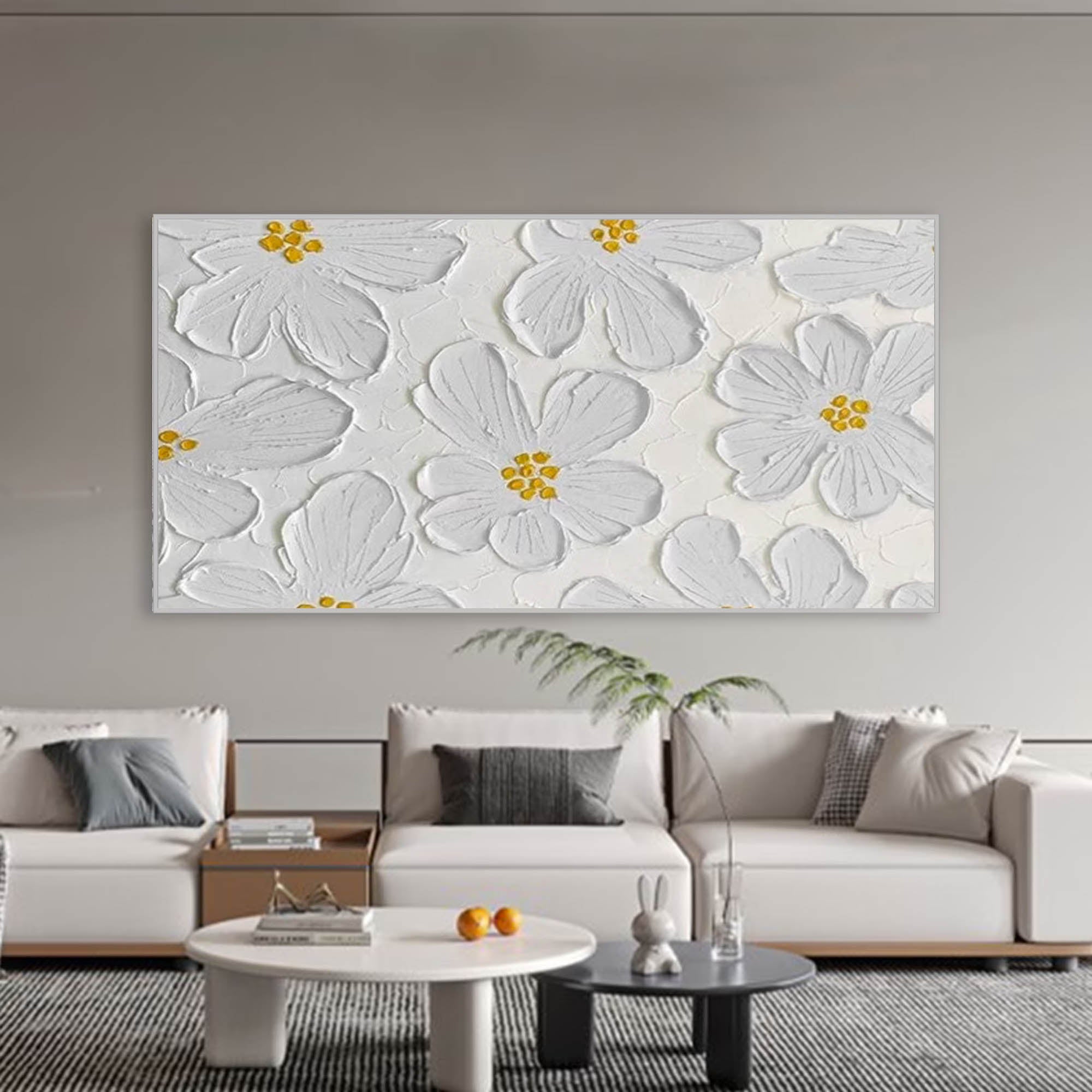 Larger 3D White Flowers Oil Painting White Texture Painting On Canvas Boho Wall Decor