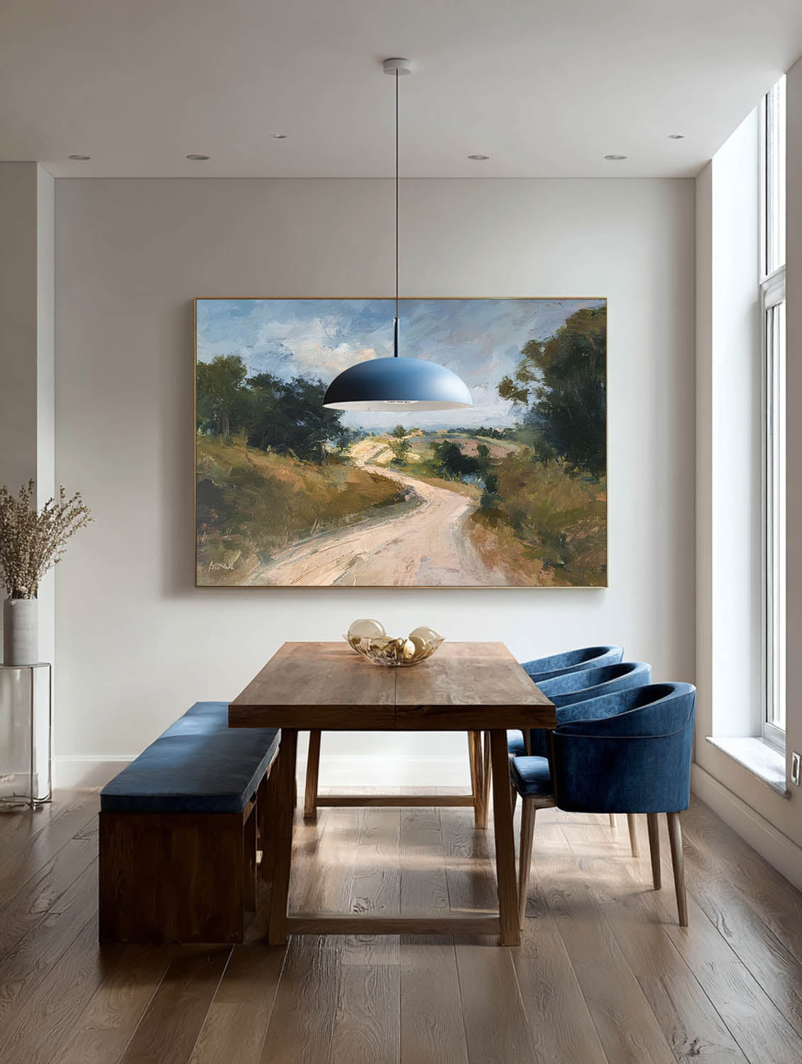 Minimalist Hand-Painted Rural Road Oil Painting Large Neutral Countryside Wall Art Large Country Landscape Wall Art