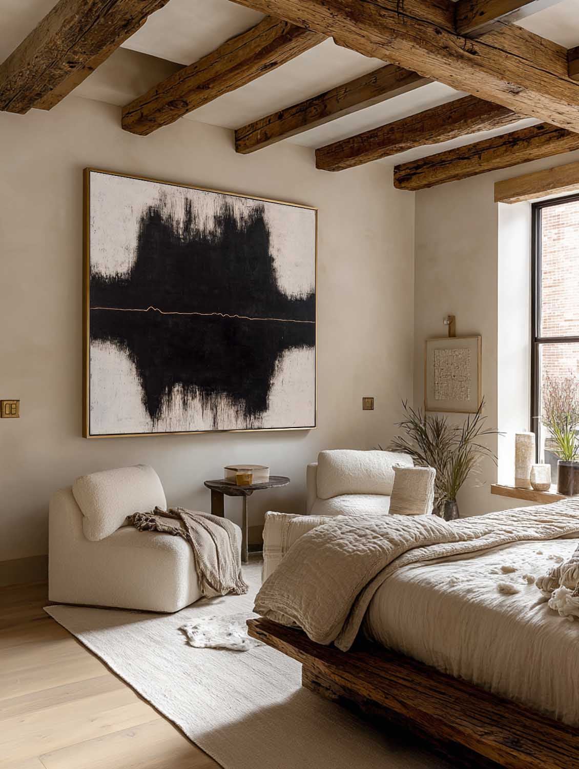 Handmade Black Square Abstract Painting Square Black And Beige Abstract Painting Neutral Beige Textured Canvas Art