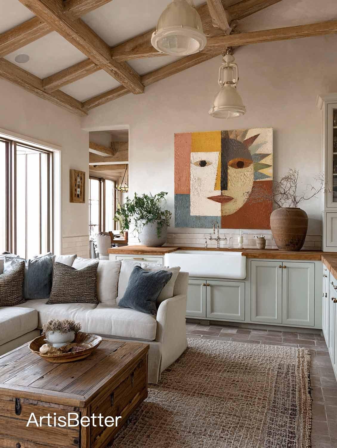Large Brown Geometric Abstract Portrait Wall Art Minimalist Brown And Blue Geometric Abstract Face Painting