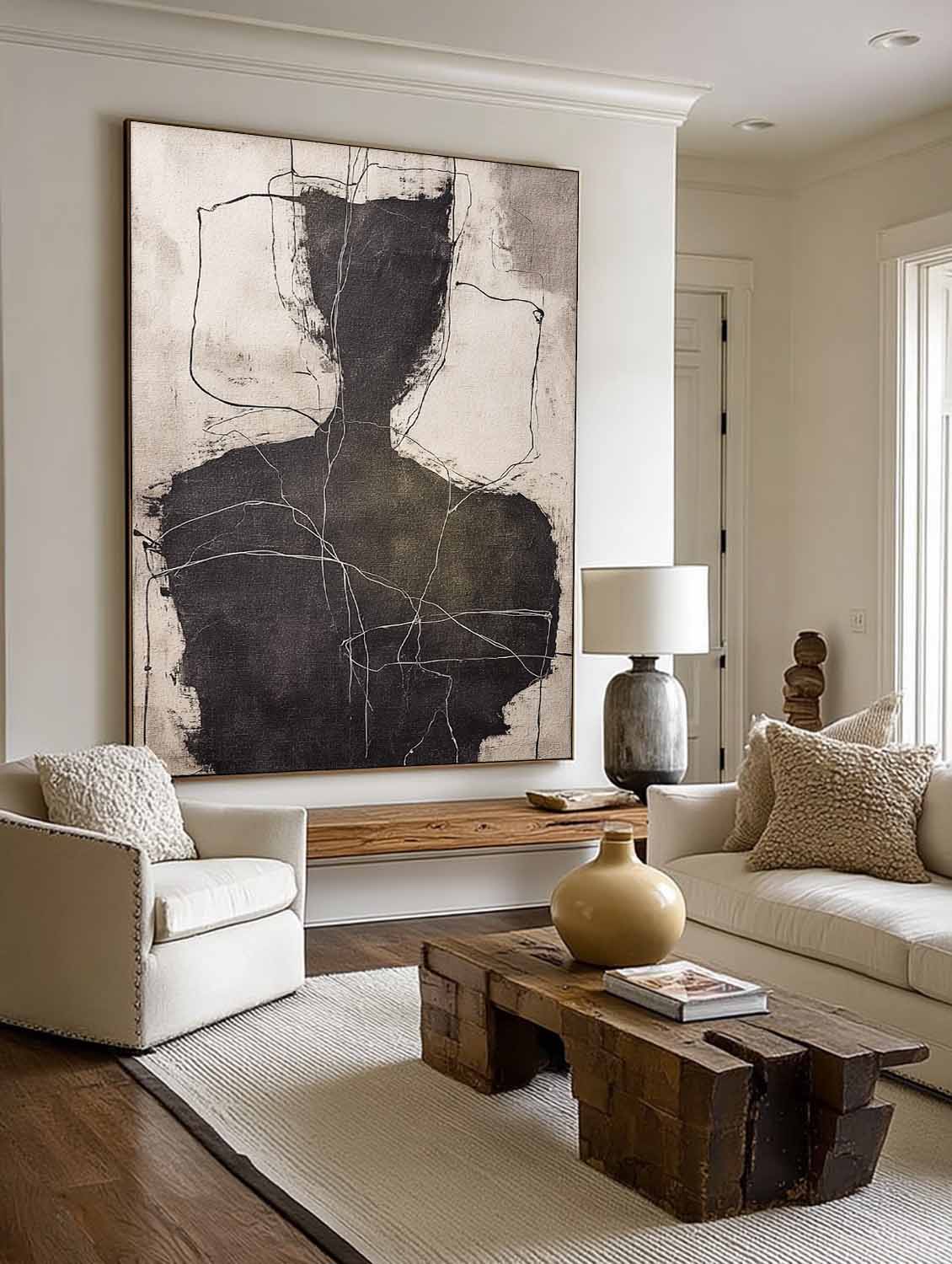 Large Black And Beige Minimalist Figure Oil Painting Original Abstract Line Artwork In Dark Green And Black Tones