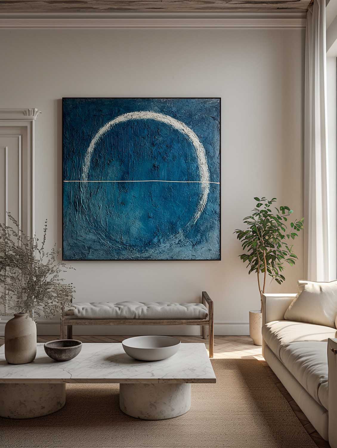 Blue Minimalist Circle Abstract Painting Handmade Blue Abstract Circle Painting Blue Abstract Line And Circle Painting