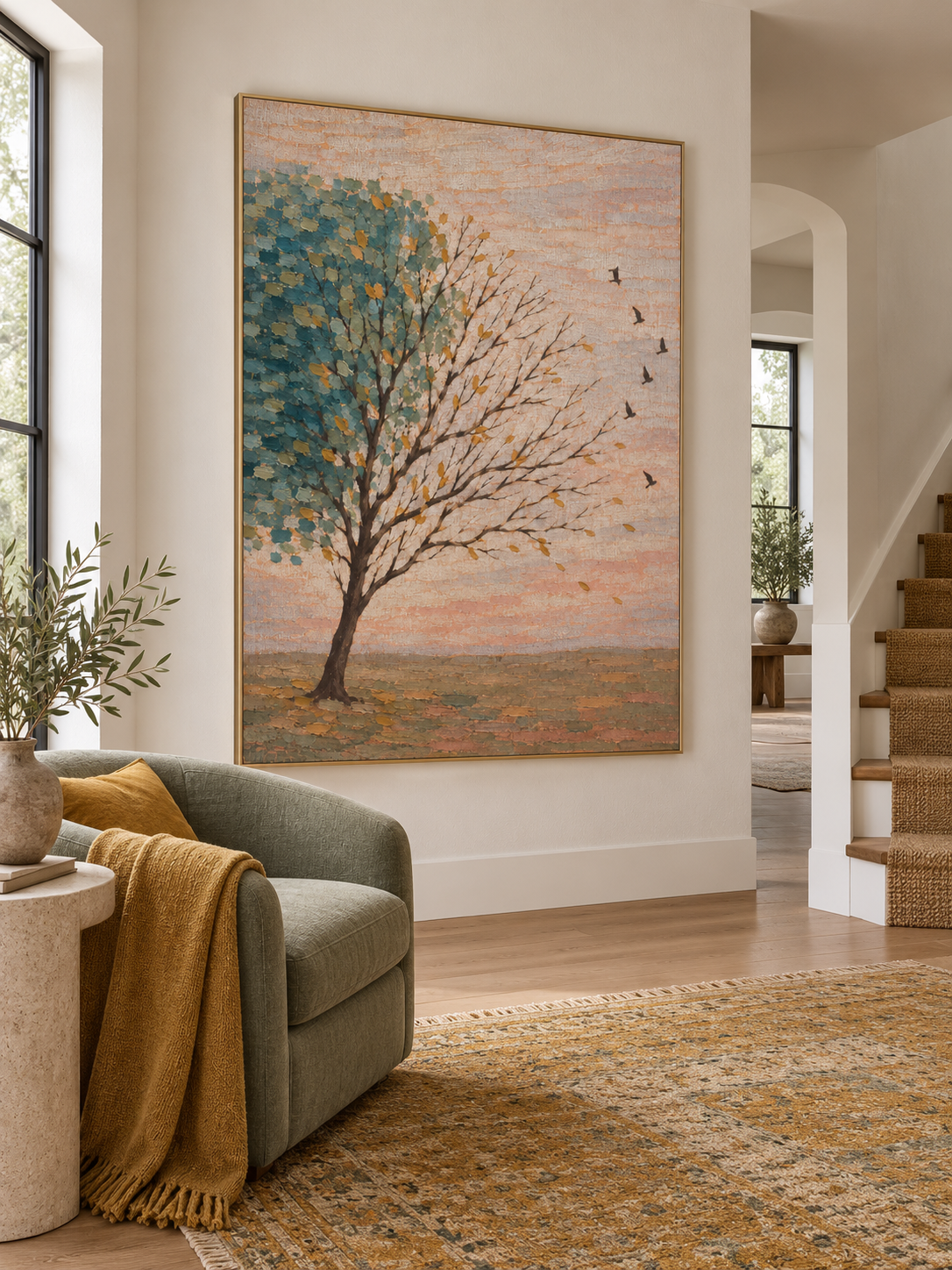 Hand Painted Teal Tree Landscape Wall Art Large Modern Nature Canvas Artwork