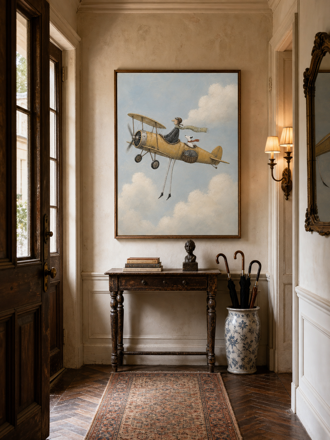 Retro Aviation Art Print With Pilot And Dog In Sky For Home Wall Decor