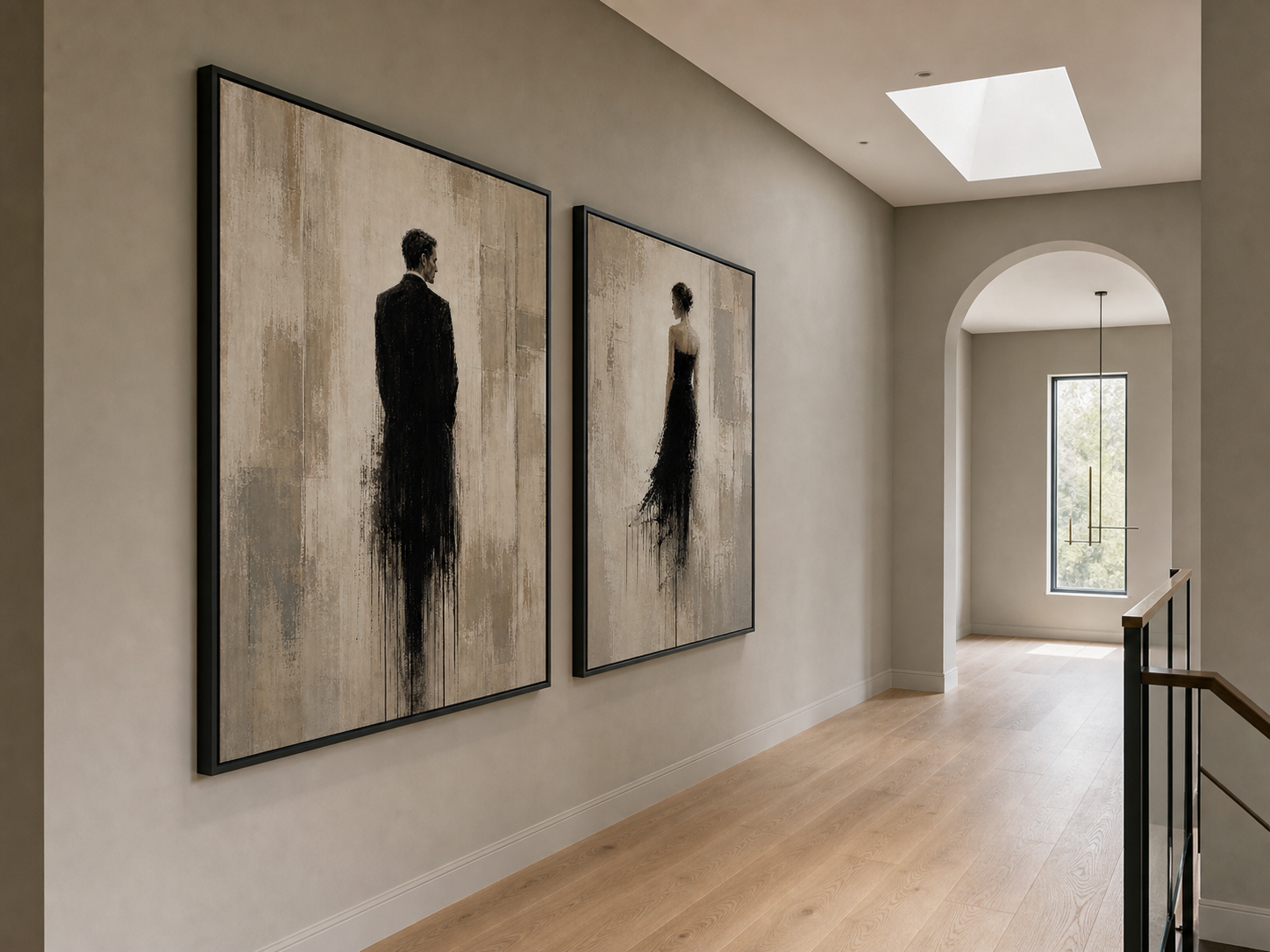 Abstract Figurative Oil Painting Diptych Beige And Black Human Forms For Living Room Wall