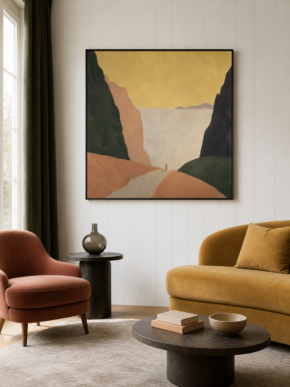 Golden Sky And Dark Green Cliffs With A Lone Wanderer Contemporary Oil Painting
