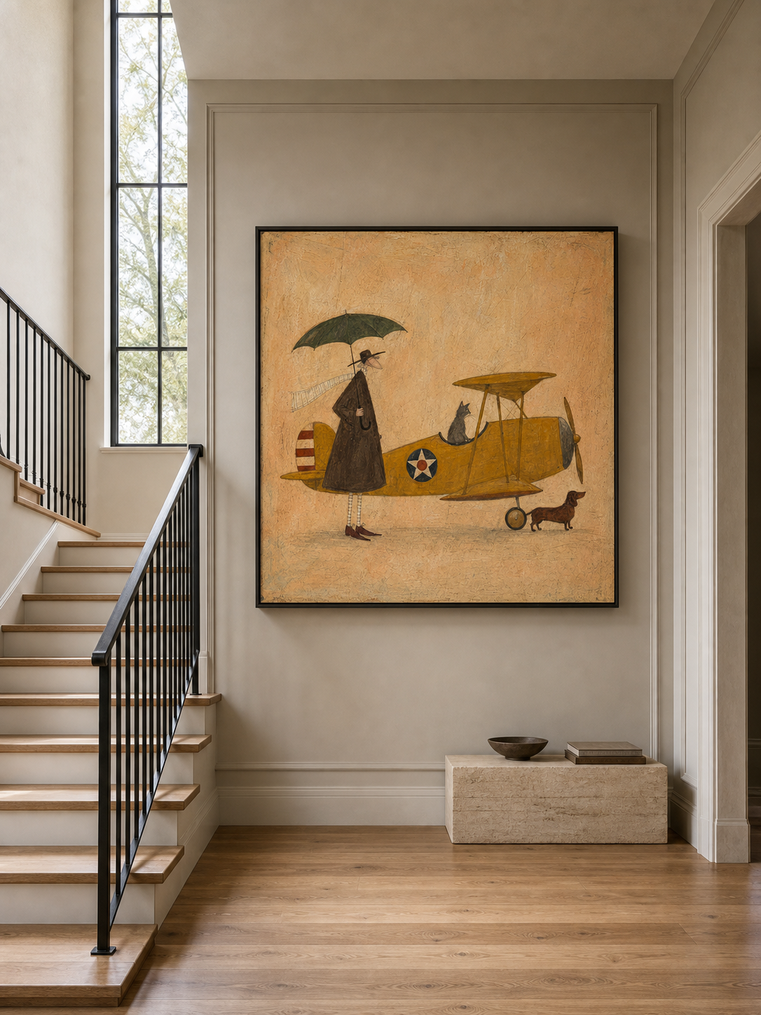 Whimsical Vintage Airplane Painting With Cat And Dog For Eclectic Home Decor