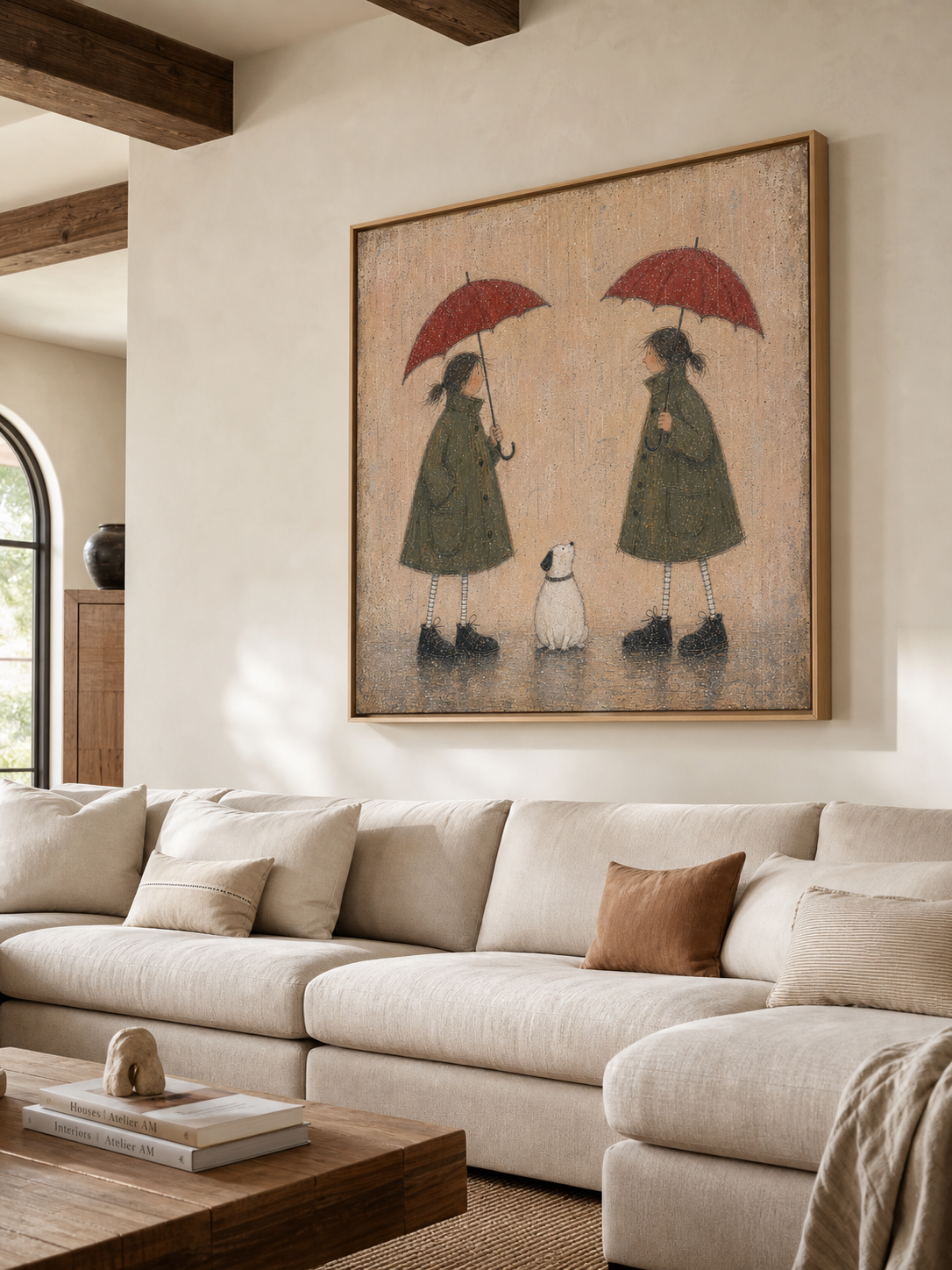 Vintage Rainy Day Art With Dog And Children In Retro Coats For Cozy Home Decor