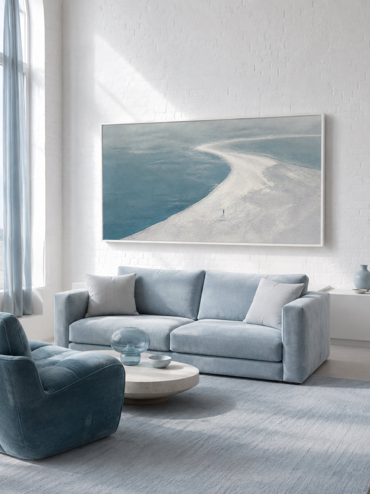 Tiny Figure On Sandbar Hand-Painted Canvas Wall Art With Blue Sea