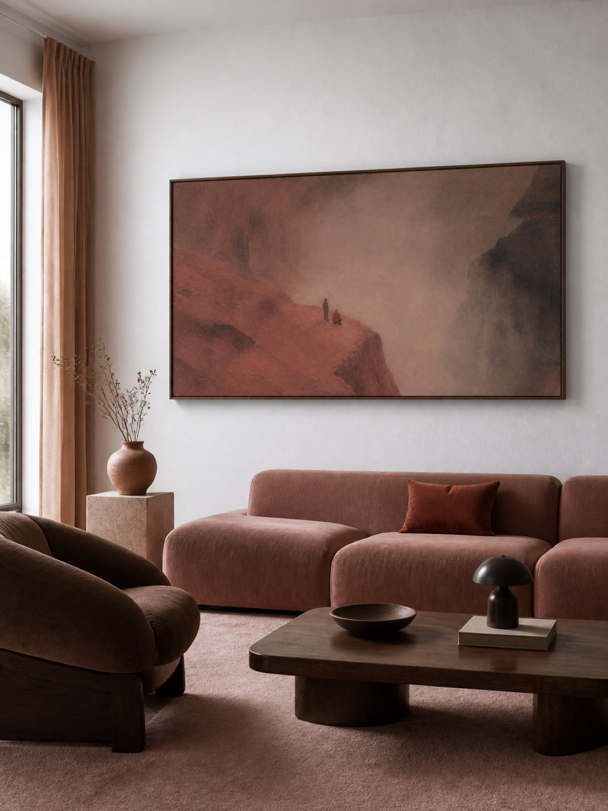 Misty Canyon Travelers Hand-Painted Wall Art Original Canvas Painting In Earth Tones