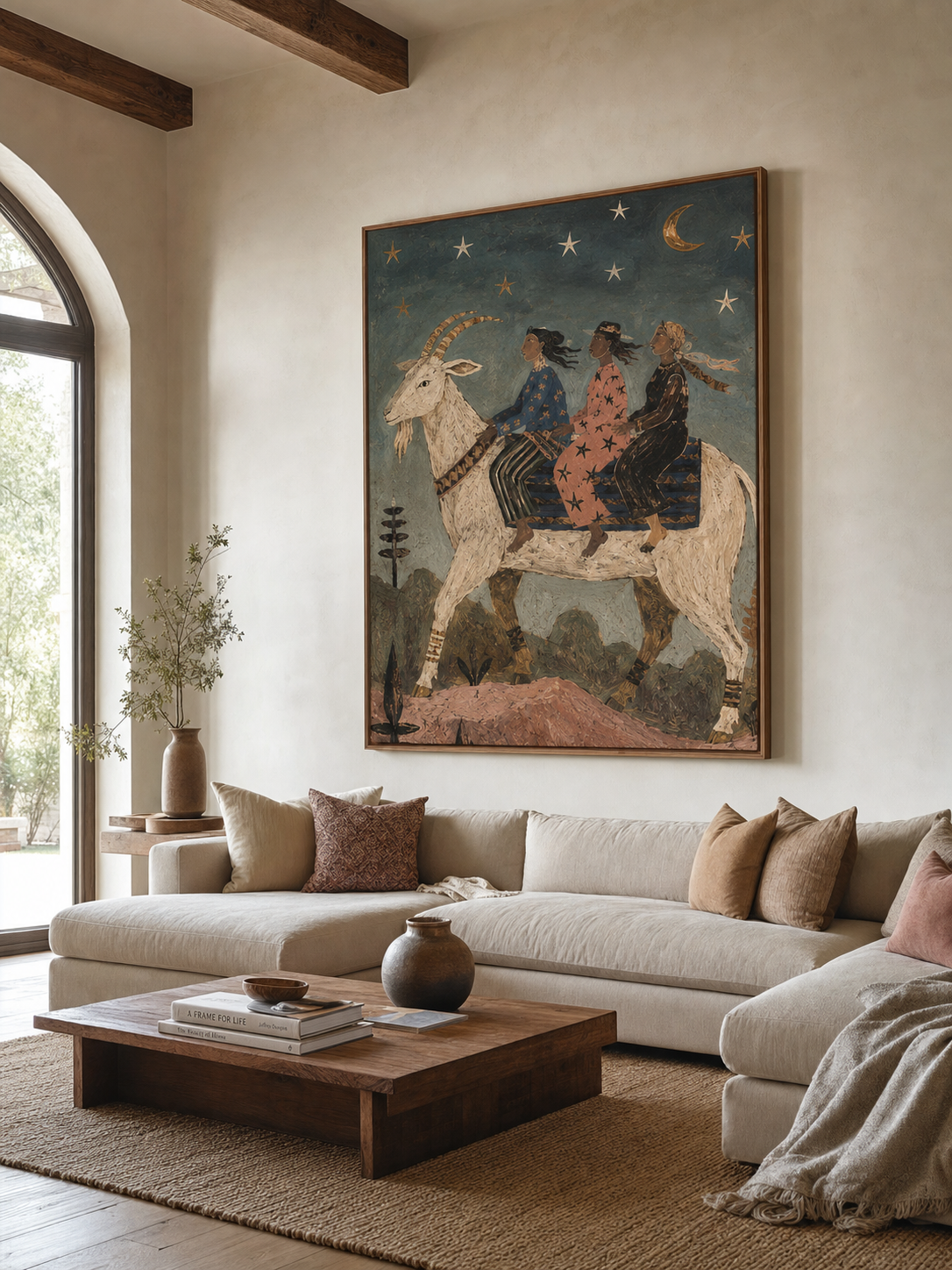 Hand Painted Bohemian Folk Art With Mythical Goat And Stars For Living Room Wall