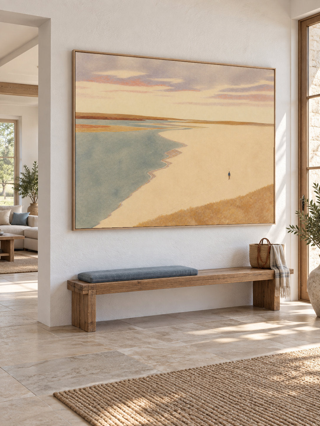 Warm Gold Estuary Landscape Canvas Art With Lone Walker For Bedroom Decor