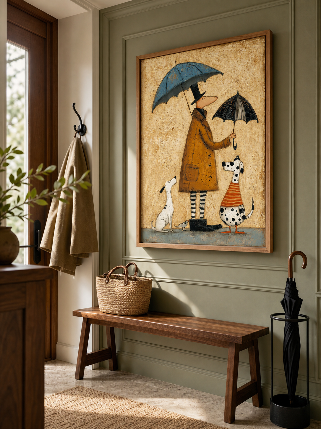 Vintage Whimsical Oil Painting Of Man With Dogs And Umbrellas In Retro Style For Home Decor