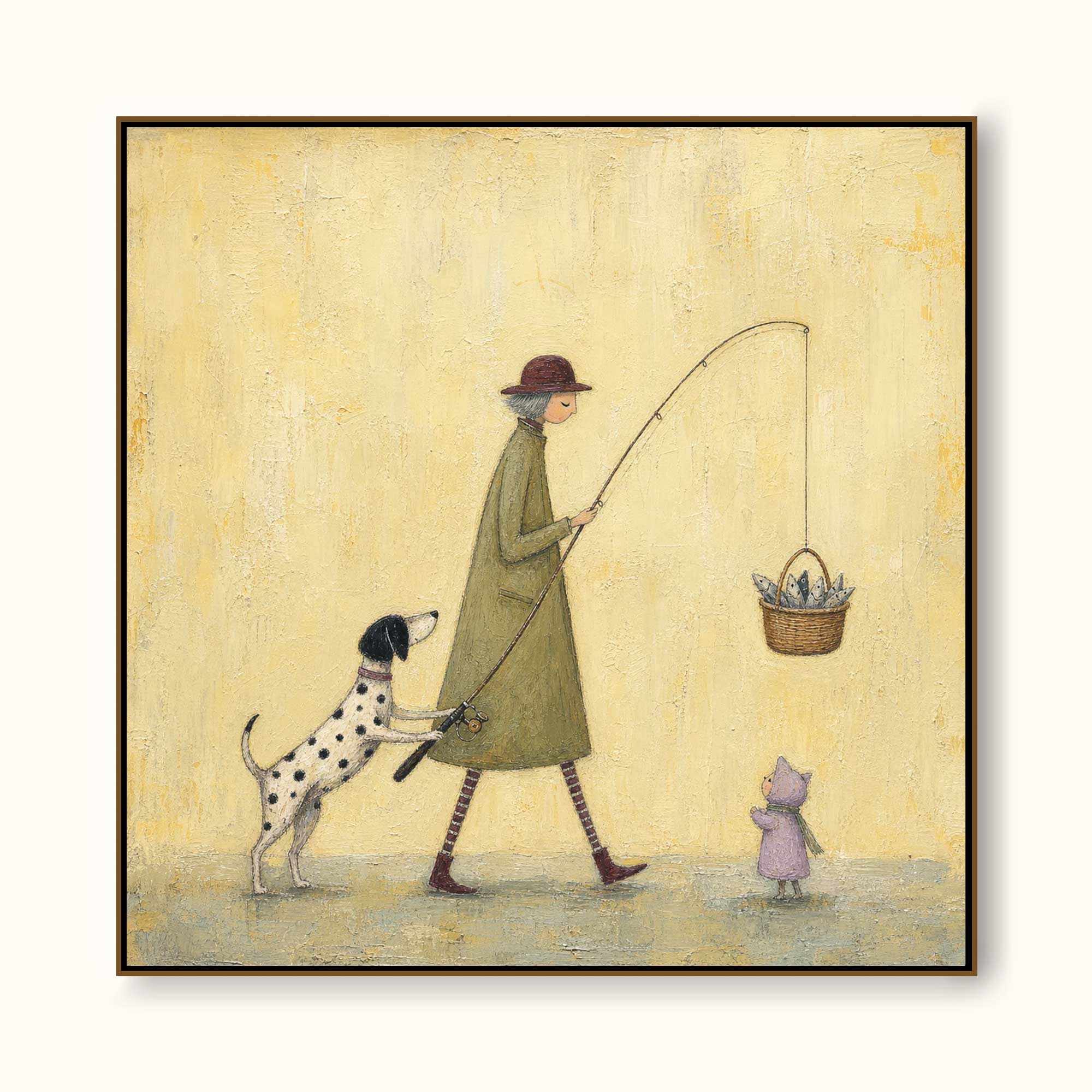 Whimsical Dog Fishing Painting For Kids Room Vintage Style Square Canvas Art