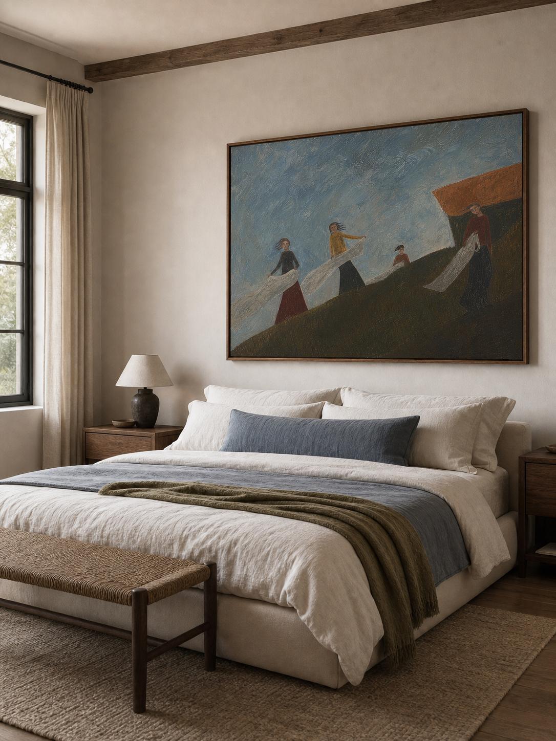 Expressive Modernist Oil Painting Of People And Nature With Dynamic Wind Motion