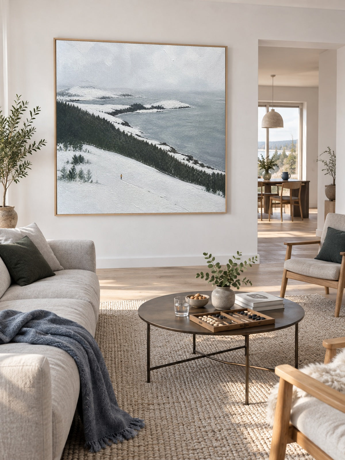 Large Snowy Seaside Landscape Wall Art With Dark Forest For Bedroom Decor
