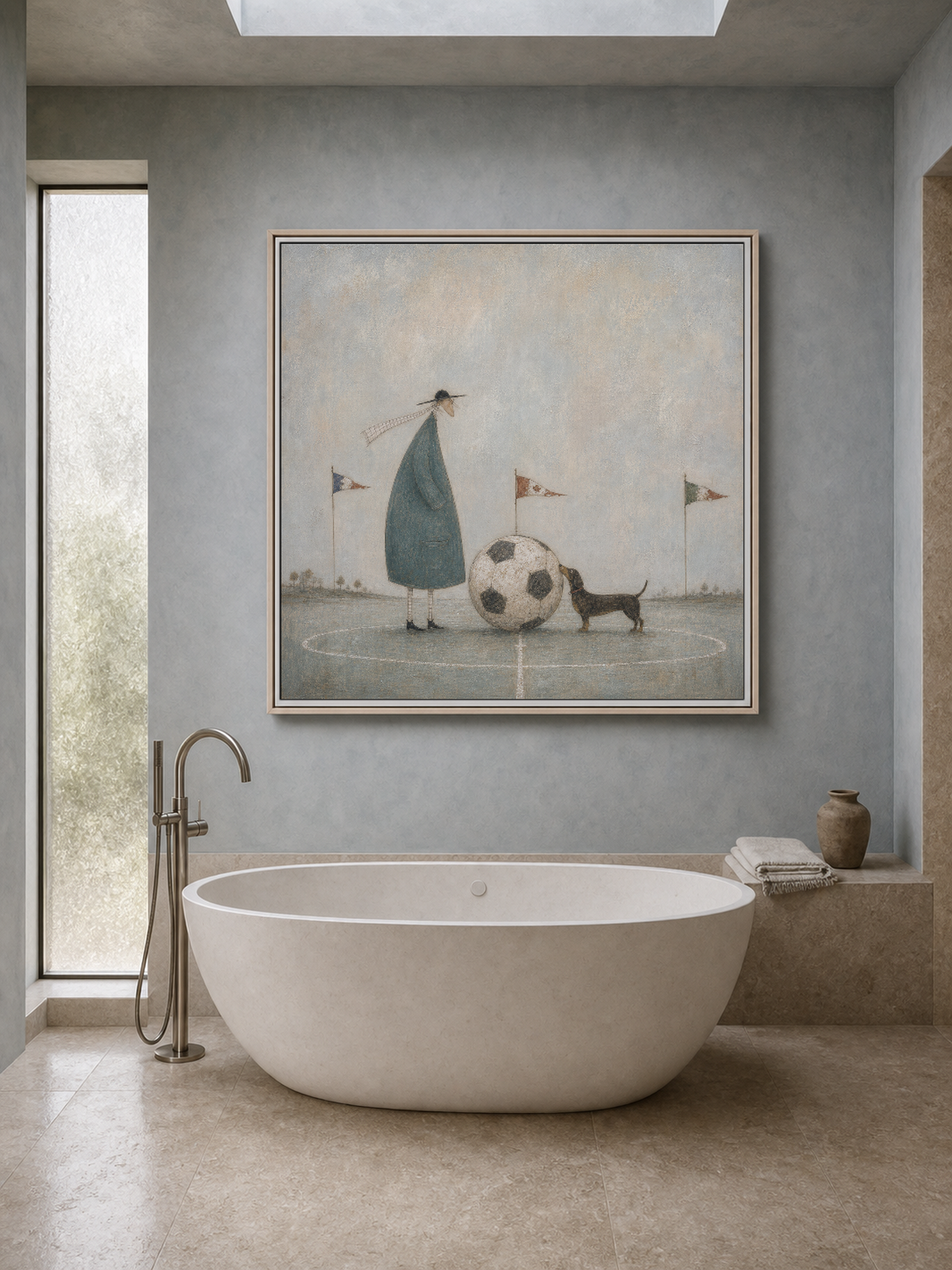 Whimsical Soccer Art Print With Dog And Man In Blue Grey Tones For Modern Home Decor