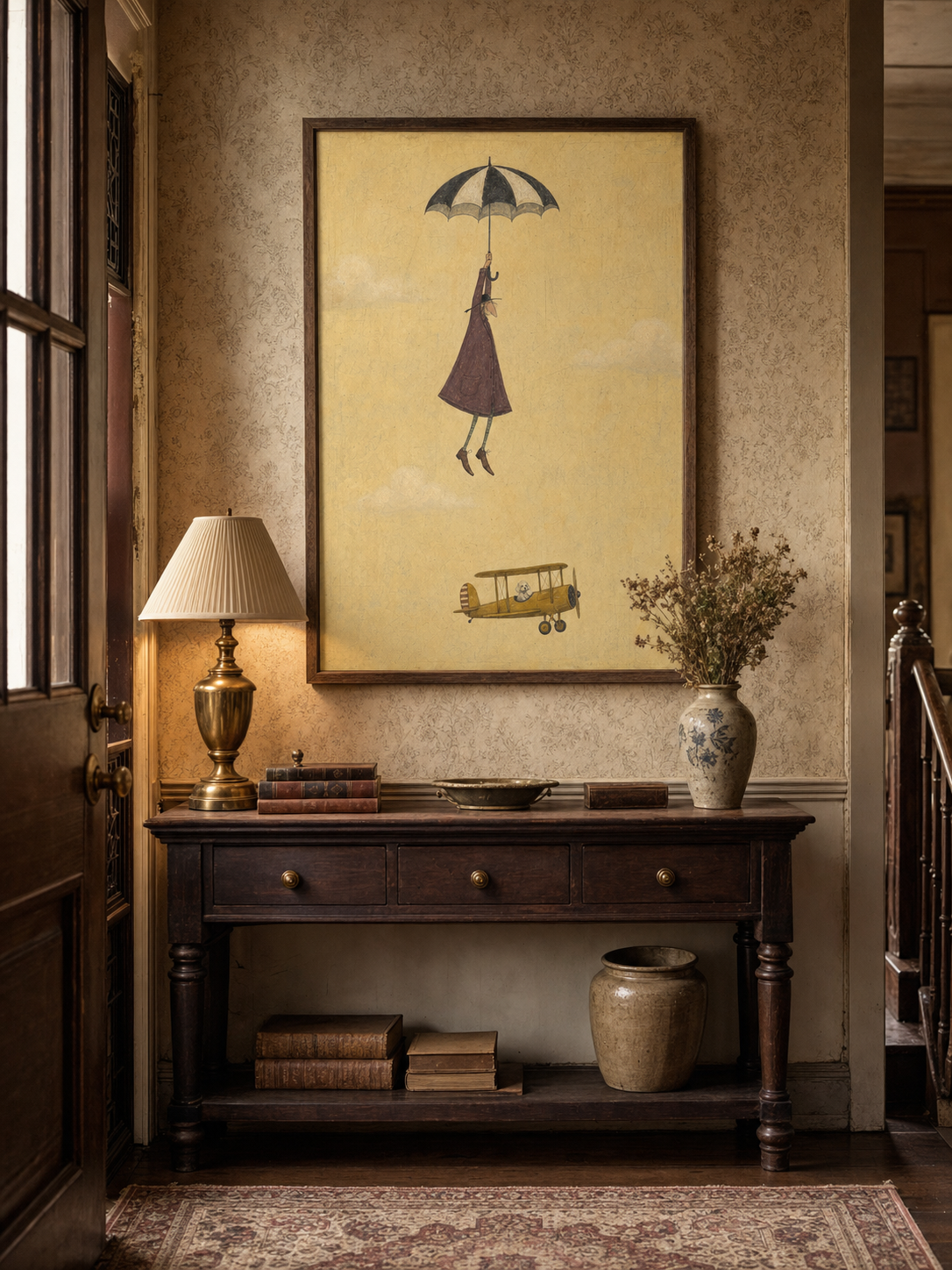 Vintage Style Minimalist Painting Of Flying Figure With Umbrella And Classic Yellow Airplane