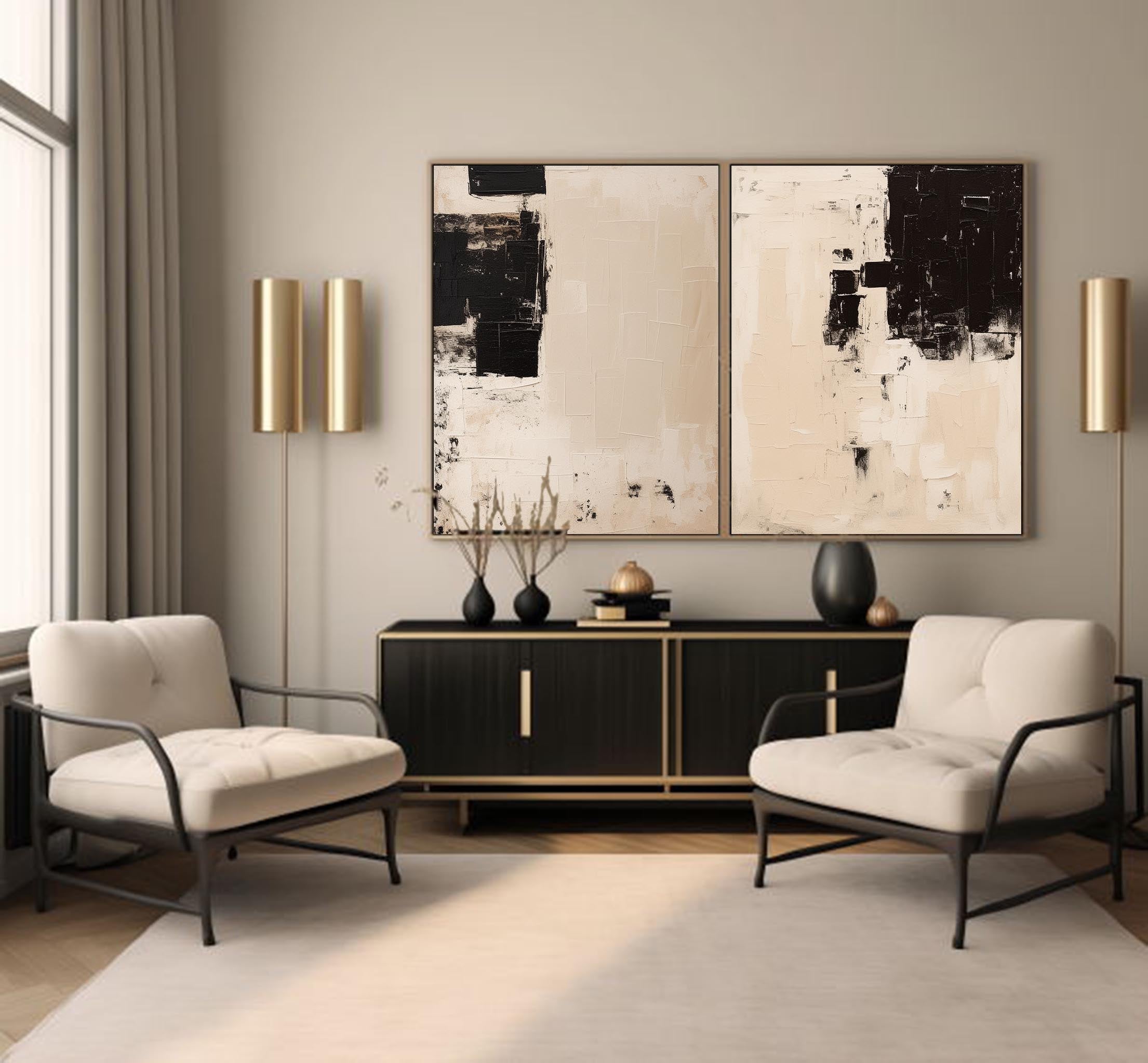 Set Of 2 Beige Minimalist Wall Art Large Beige Wabi-Sabi Wall Art Pure Beige And Blakc Minimalist Art