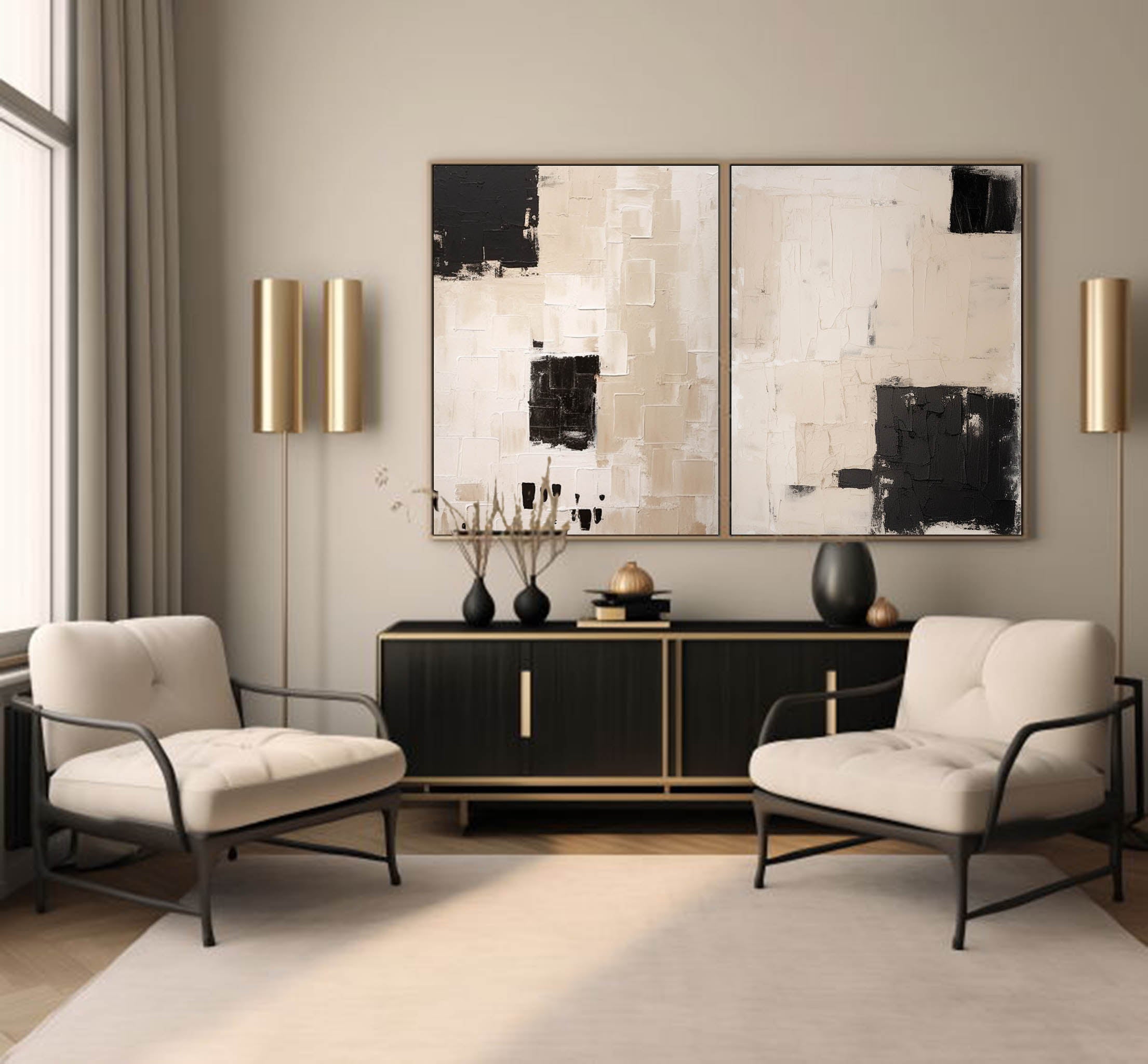 Set Of 2 Beige Black Wabi Sabi Wall Art Beige Black Minimalist Painting Set Of 2 Beige Wall Art