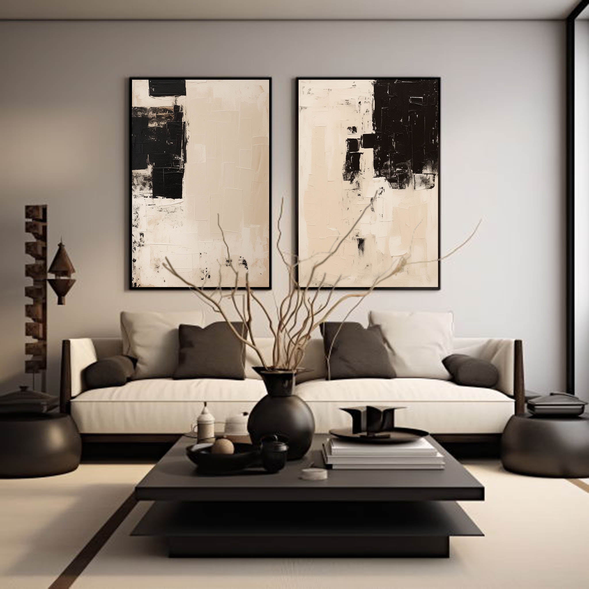 Set Of 2 Beige Minimalist Wall Art Large Beige Wabi-Sabi Wall Art Pure Beige And Blakc Minimalist Art