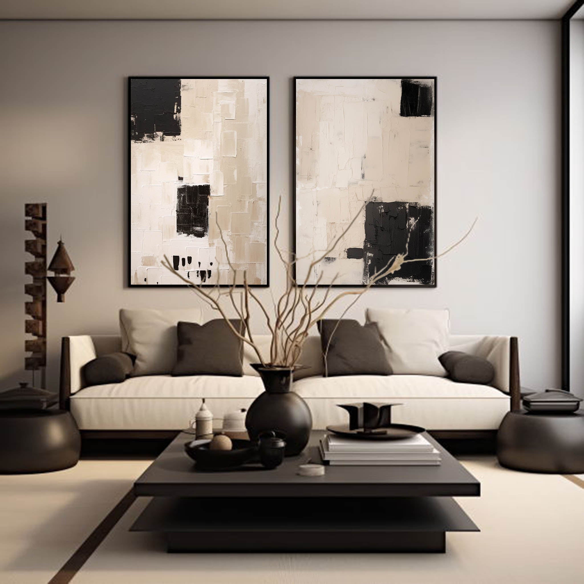 Set Of 2 Beige Black Wabi Sabi Wall Art Beige Black Minimalist Painting Set Of 2 Beige Wall Art