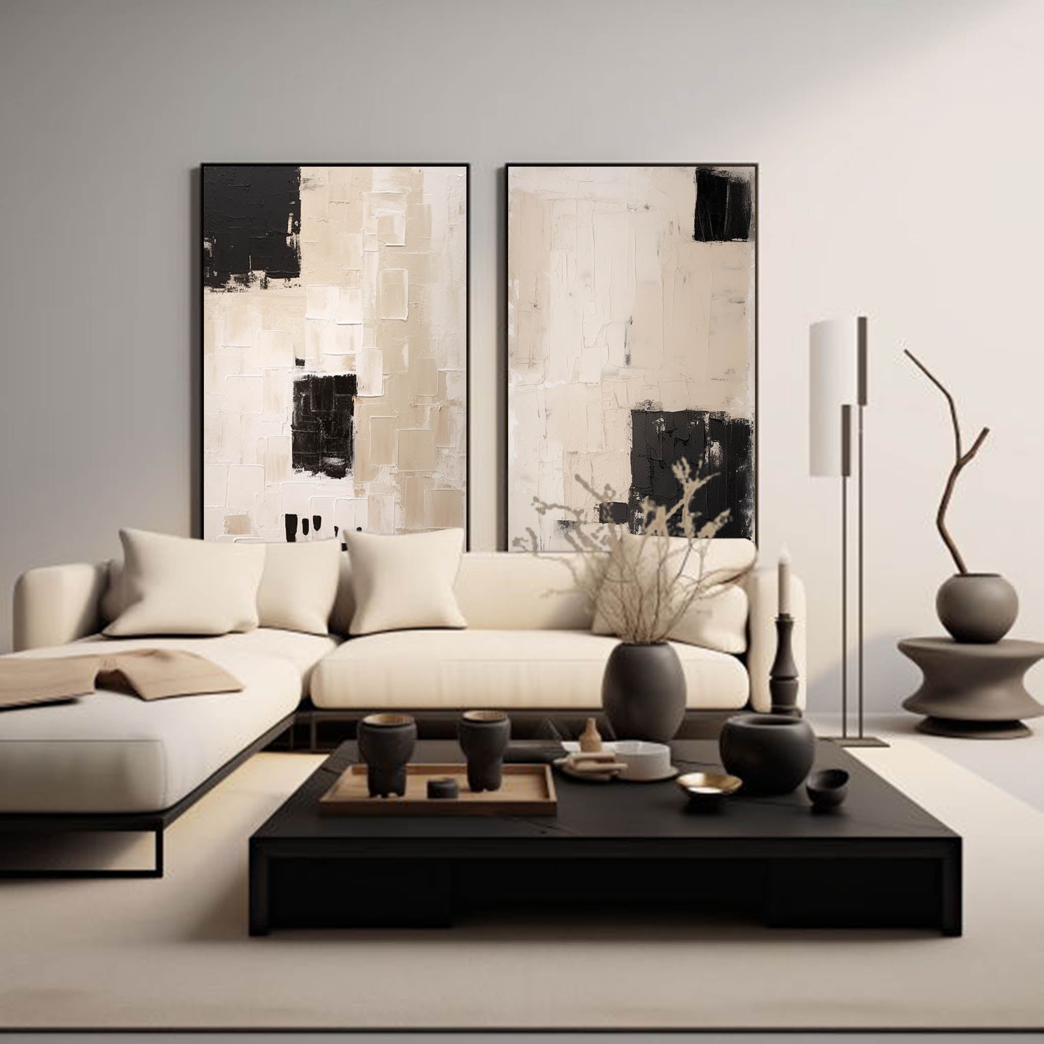 Set Of 2 Beige Black Wabi Sabi Wall Art Beige Black Minimalist Painting Set Of 2 Beige Wall Art