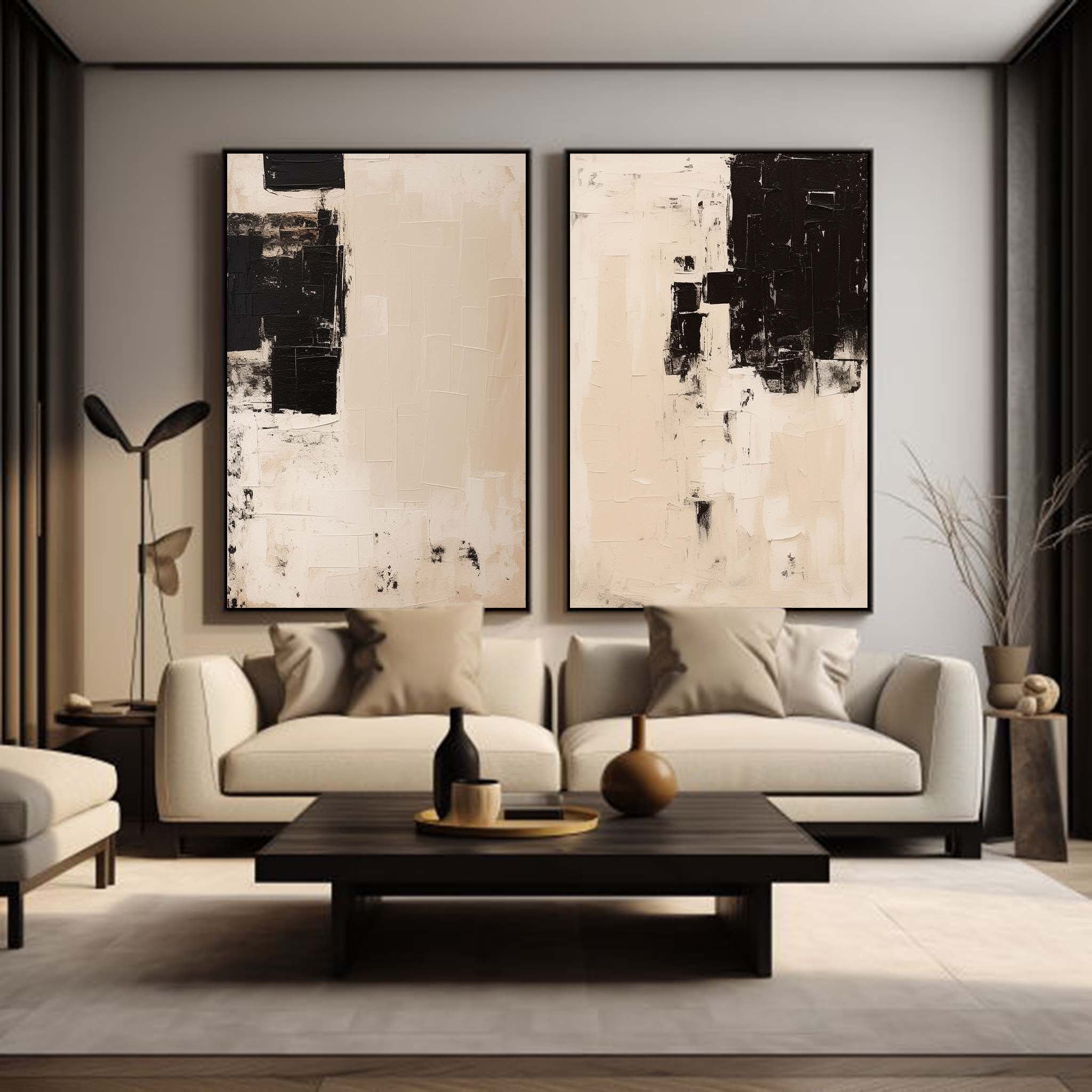 Set Of 2 Beige Minimalist Wall Art Large Beige Wabi-Sabi Wall Art Pure Beige And Blakc Minimalist Art