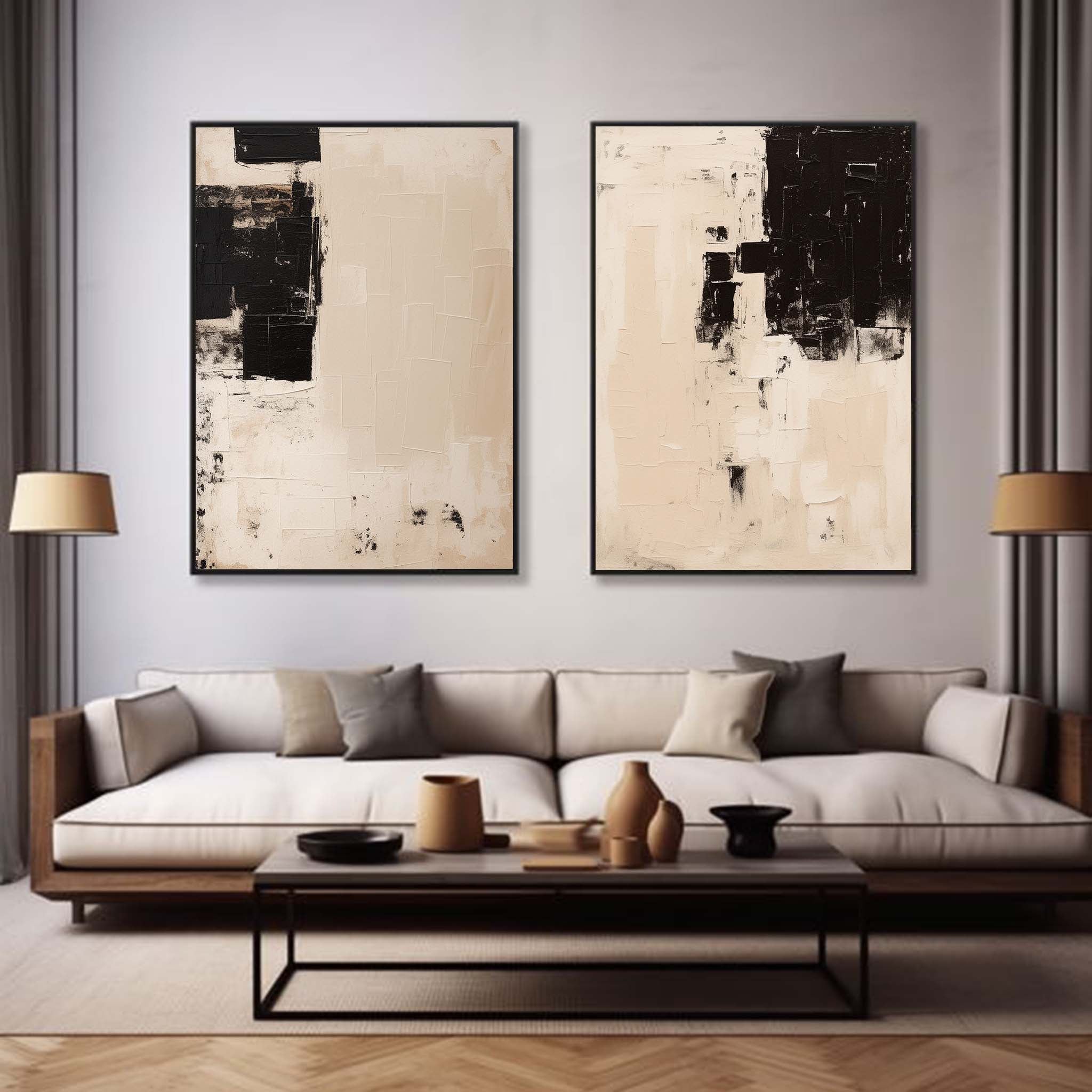 Set Of 2 Beige Minimalist Wall Art Large Beige Wabi-Sabi Wall Art Pure Beige And Blakc Minimalist Art