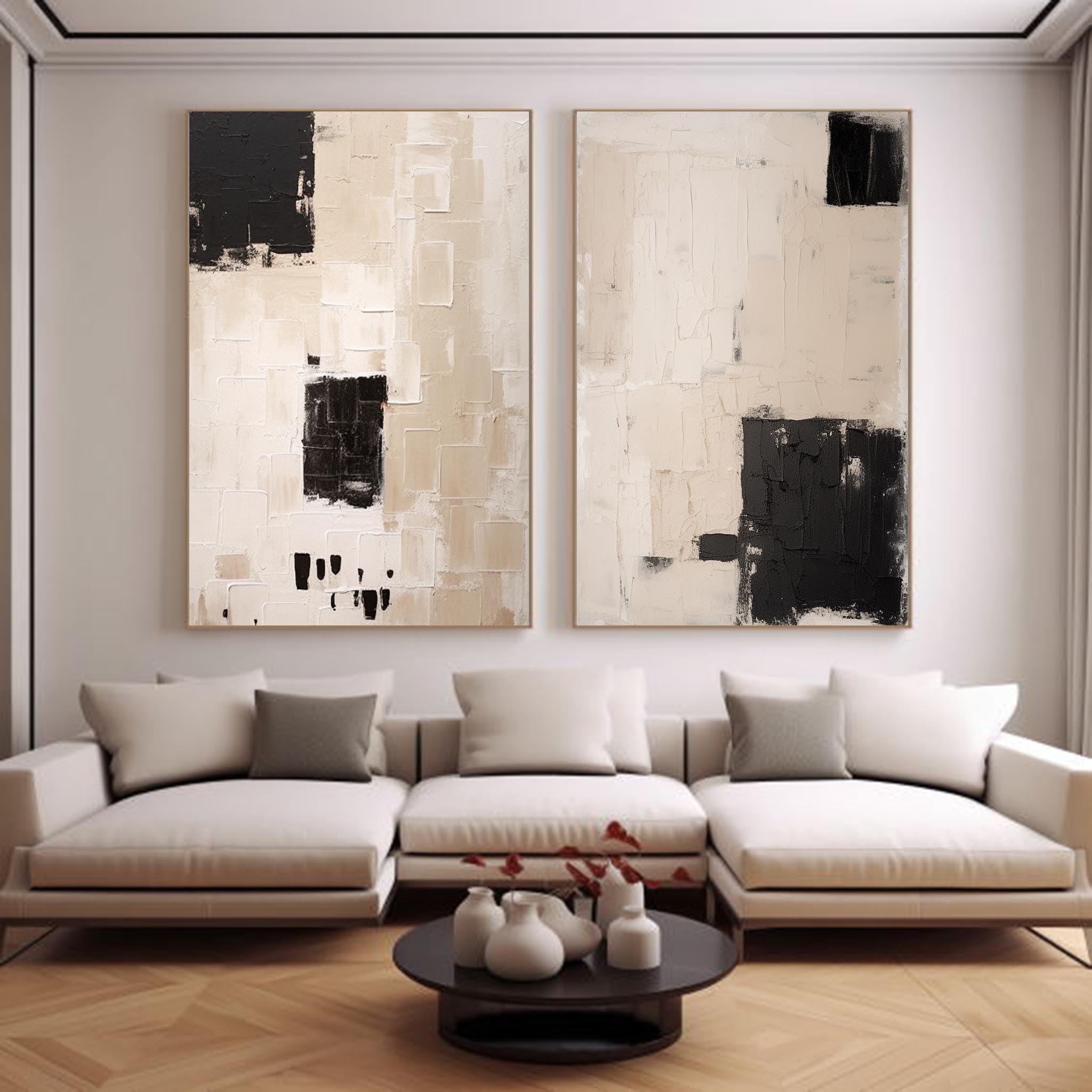 Set Of 2 Beige Black Wabi Sabi Wall Art Beige Black Minimalist Painting Set Of 2 Beige Wall Art