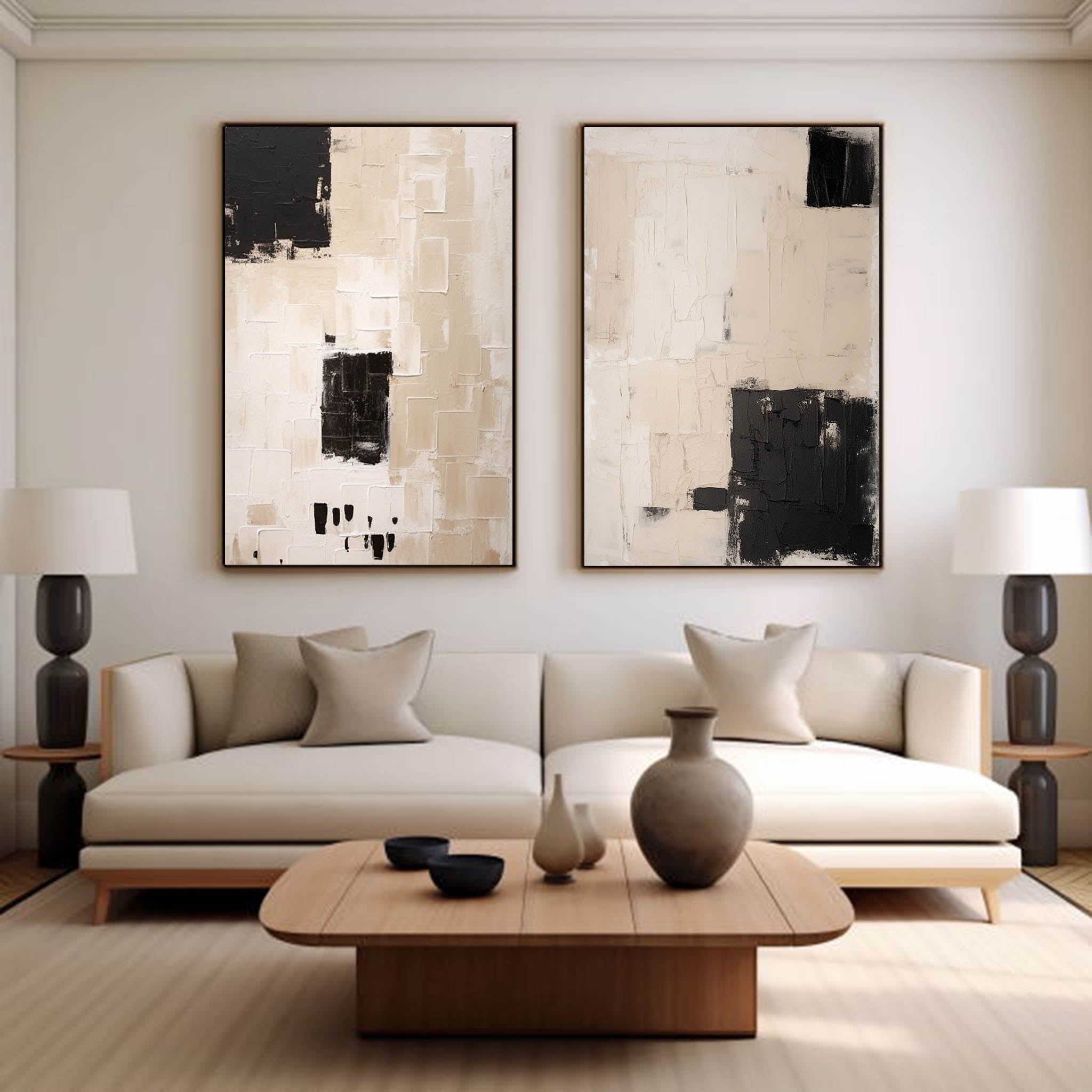 Set Of 2 Beige Black Wabi Sabi Wall Art Beige Black Minimalist Painting Set Of 2 Beige Wall Art