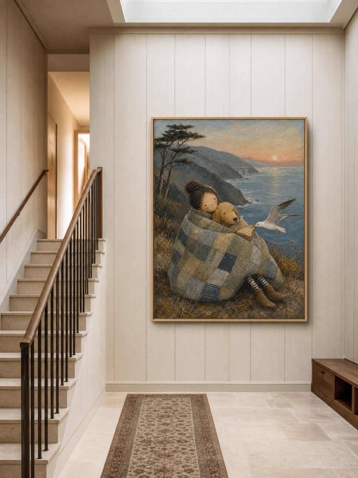 Whimsical California Coast Art With Dog And Girl For Seaside Wall Decor