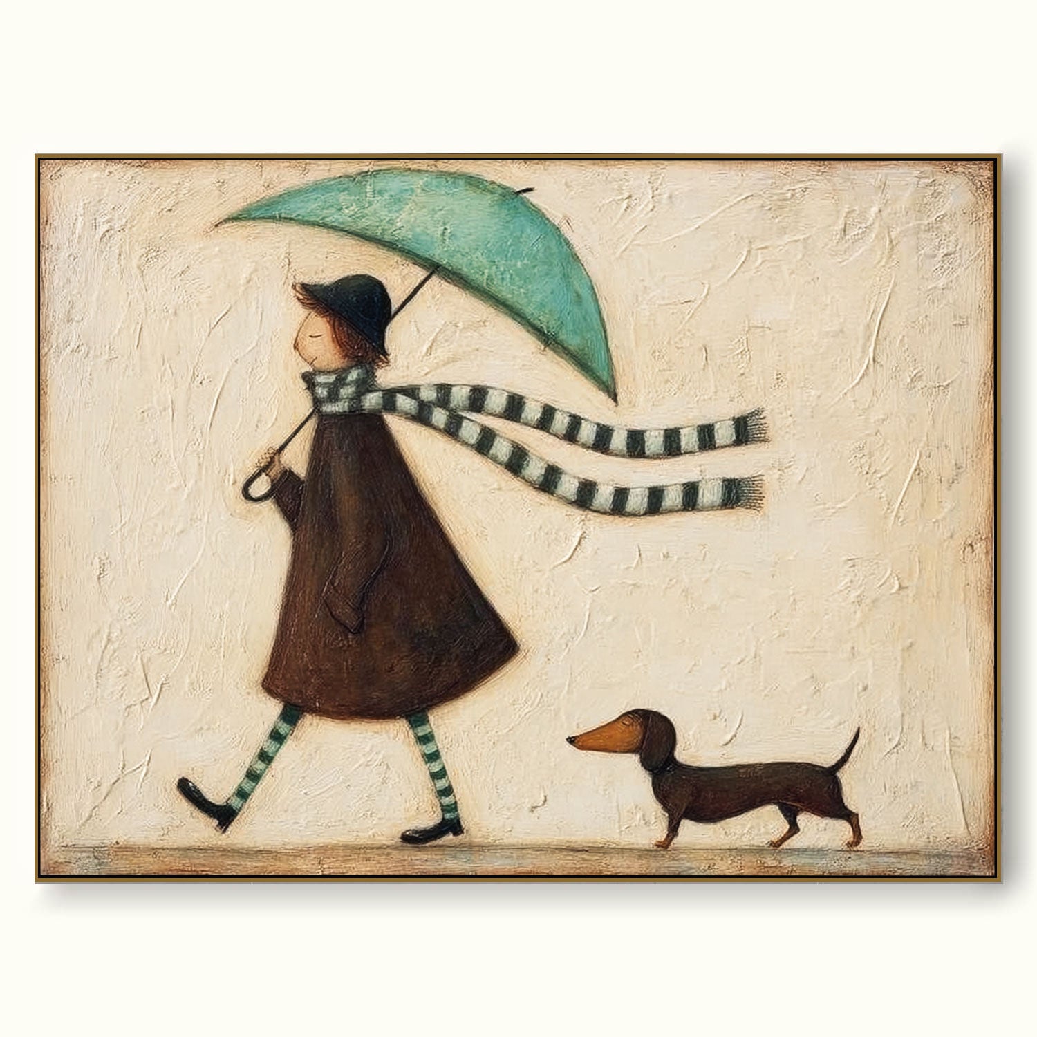 Abstract Minimalist Oil Painting Of Girl With Dog And Umbrella In Beige Tones For Modern Home Decor