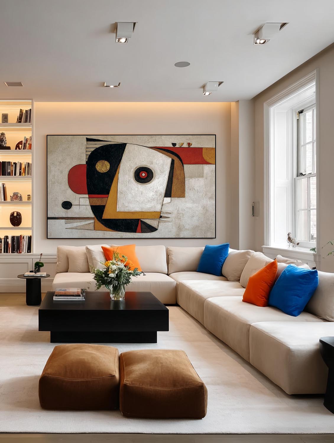 Large Horizontal Geometric Abstract Painting With Red And Gold Accents For Living Room