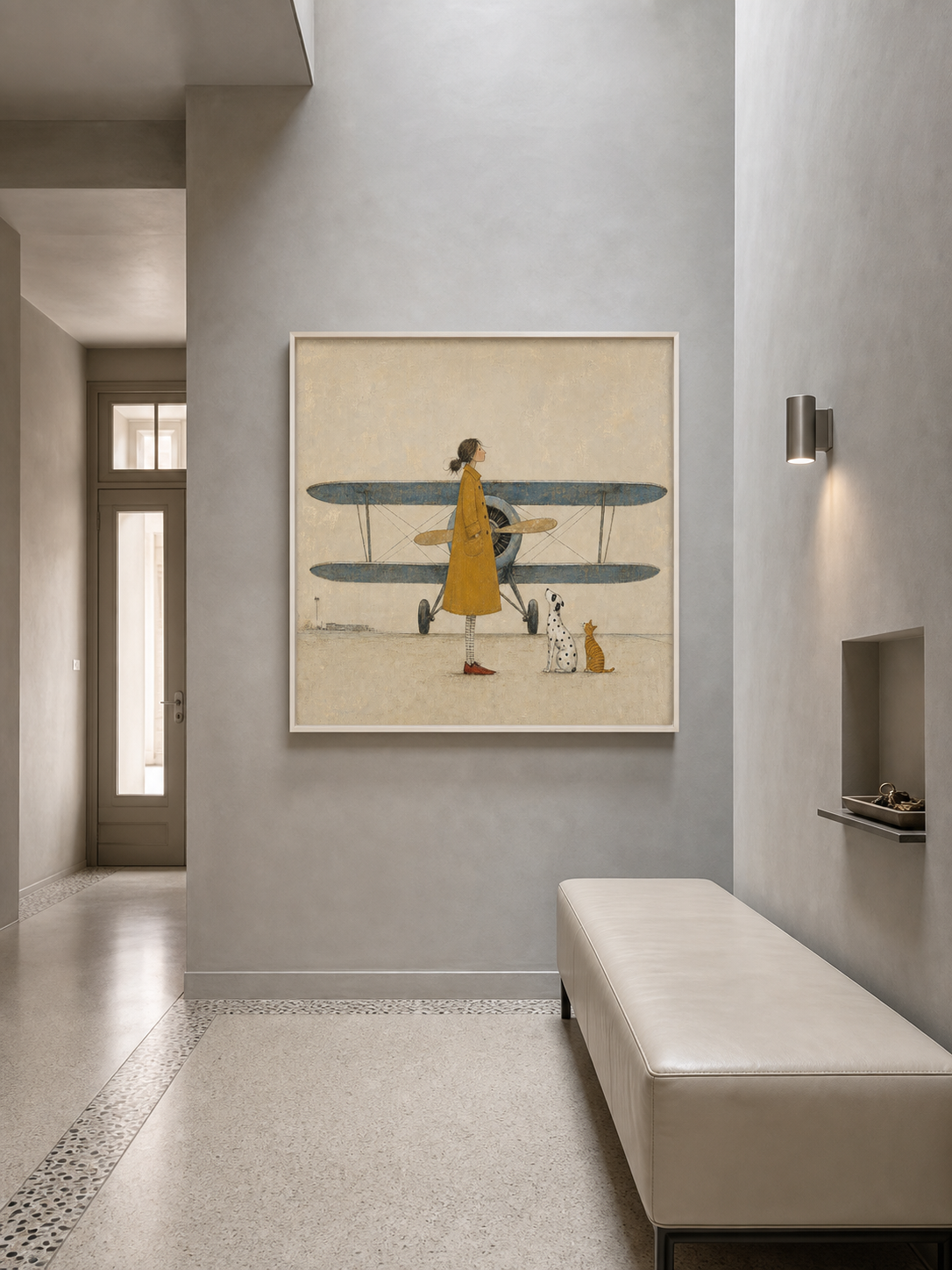 Whimsical Girl And Airplane Painting Retro Illustration On Linen Canvas For Home