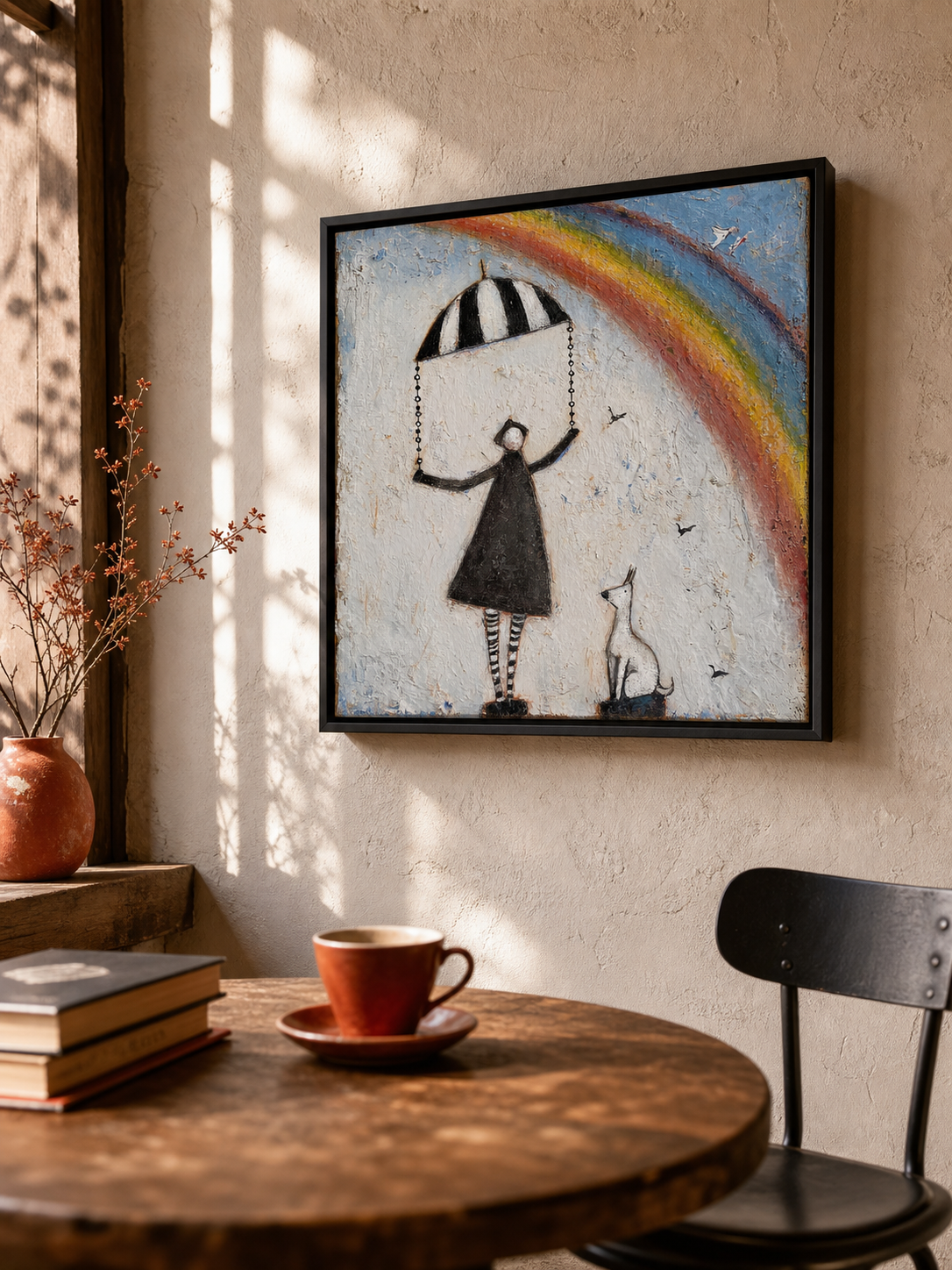 Original Vintage Canvas Art With Striped Umbrella And Dog For Creative Living Rooms