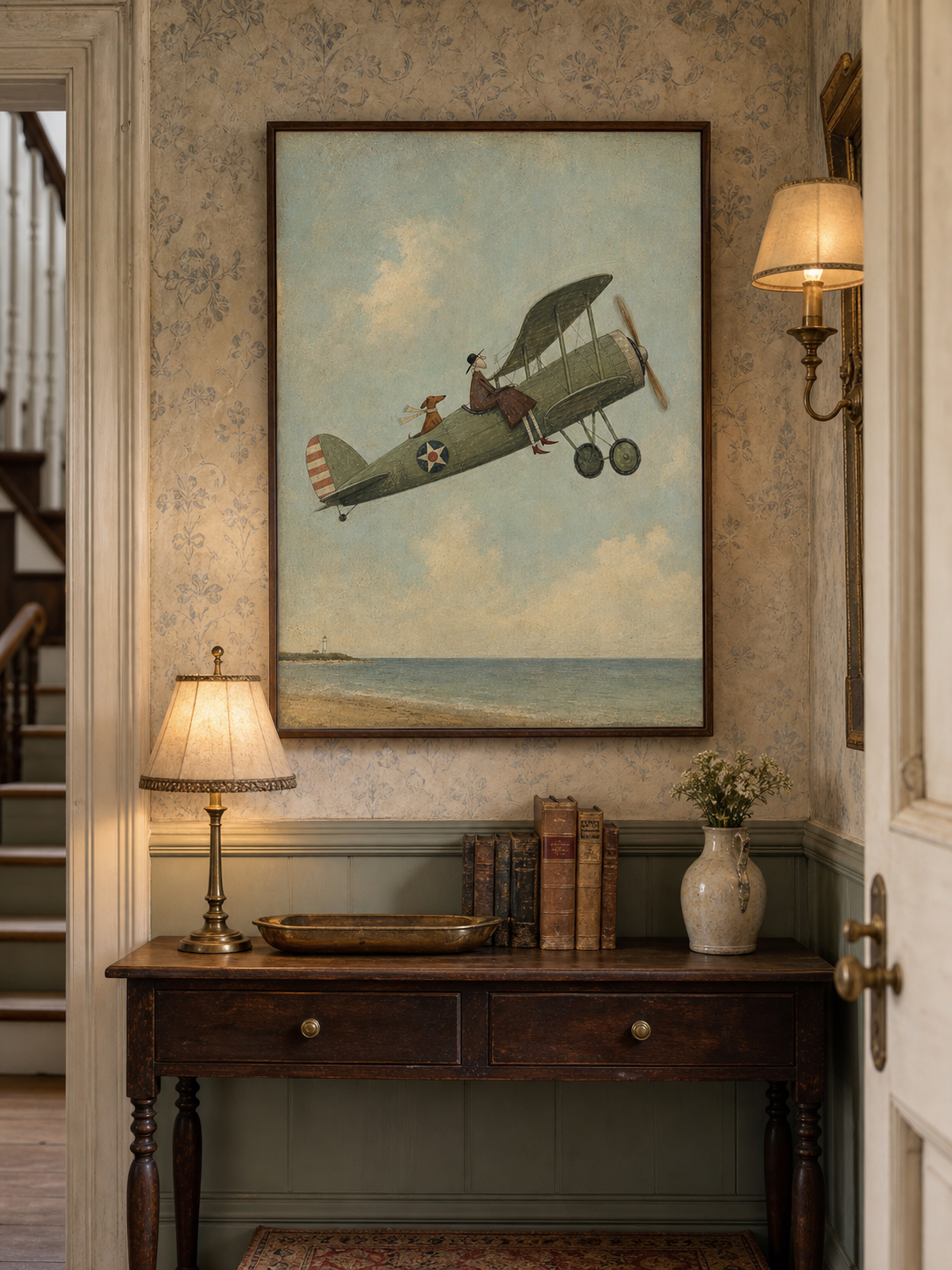 Vintage Airplane Painting Coastal Scene Original Art For Home Decor