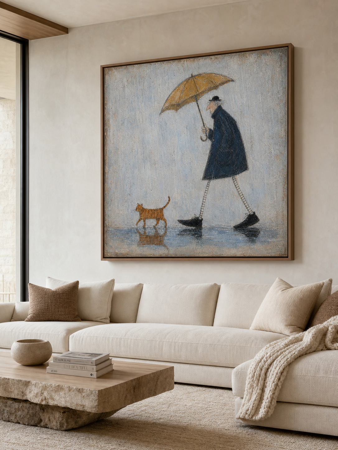 Vintage Cat And Man Painting With Umbrella In Rain For Cozy Home Decor