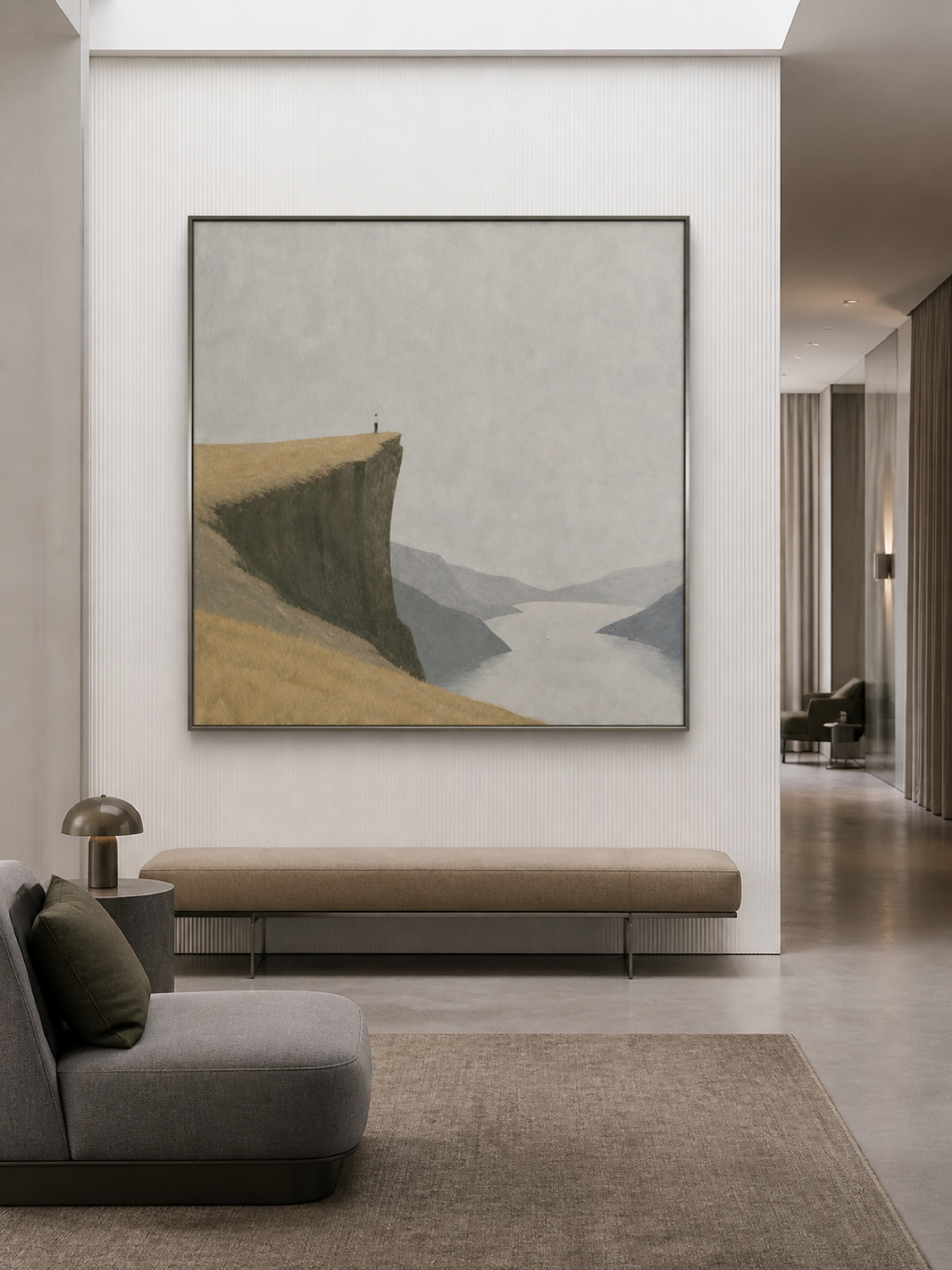 Large Hand Painted Fjord Landscape Oil Painting Tiny Figure Art For Bedroom